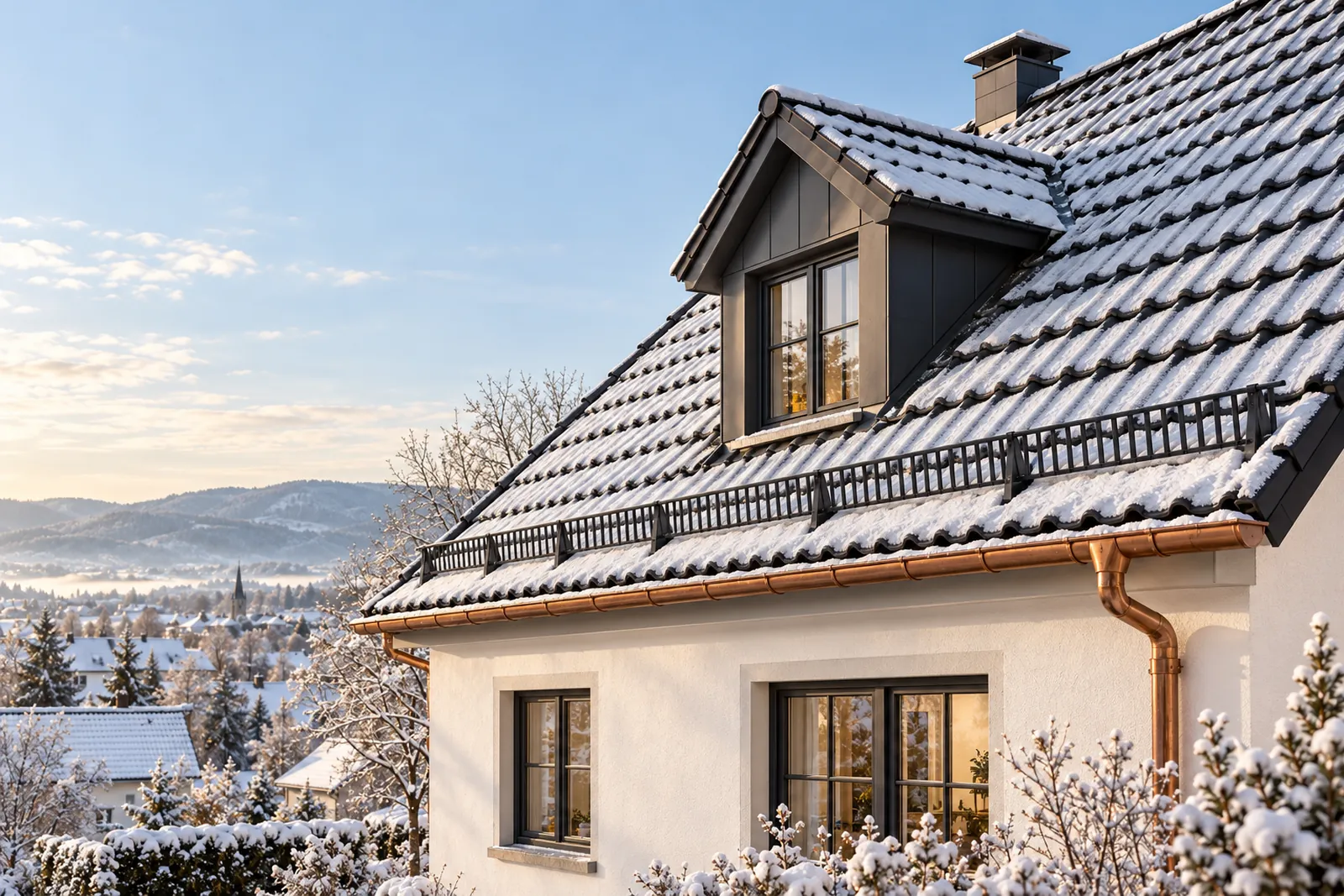 Verschneites Ziegeldach mit Schneefanggitter an der Traufe