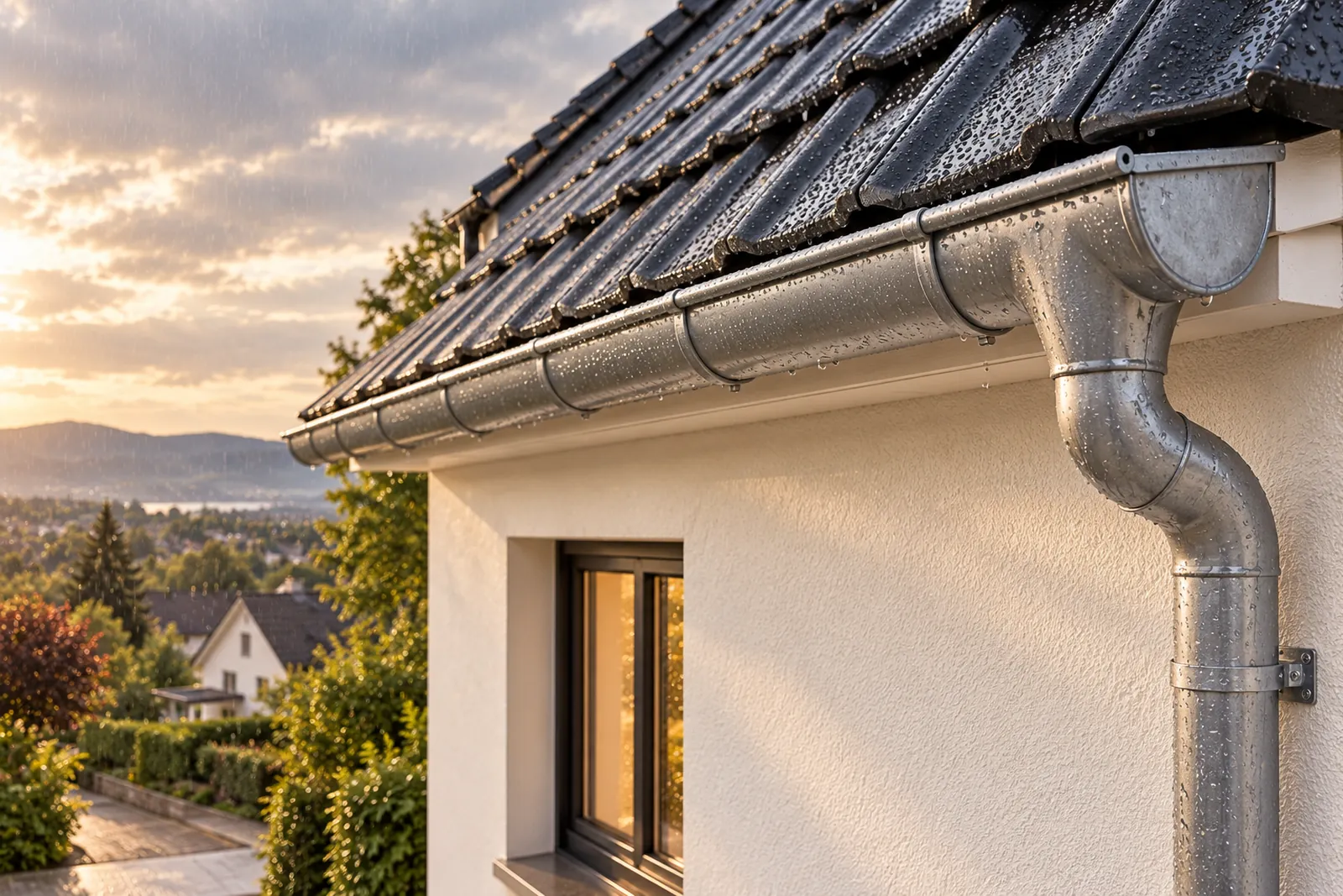 Dachrinne und Fallrohr an einer hellen Hausfassade