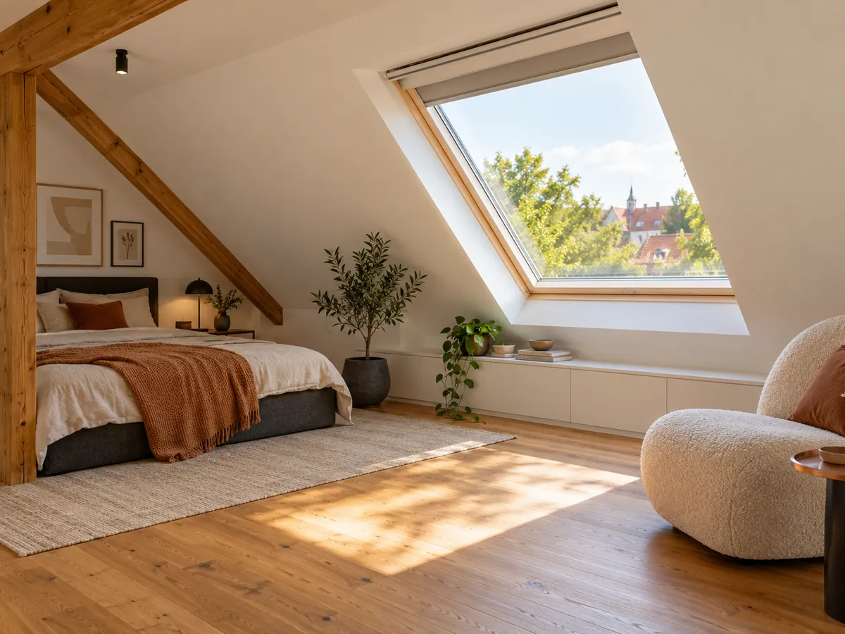 Dachfenster von innen in einem hellen Dachgeschoss