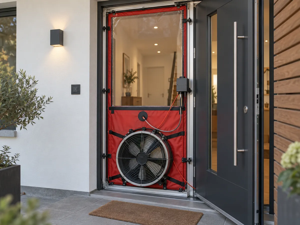 Messgebläse für den Blower-Door-Test in einer Haustür