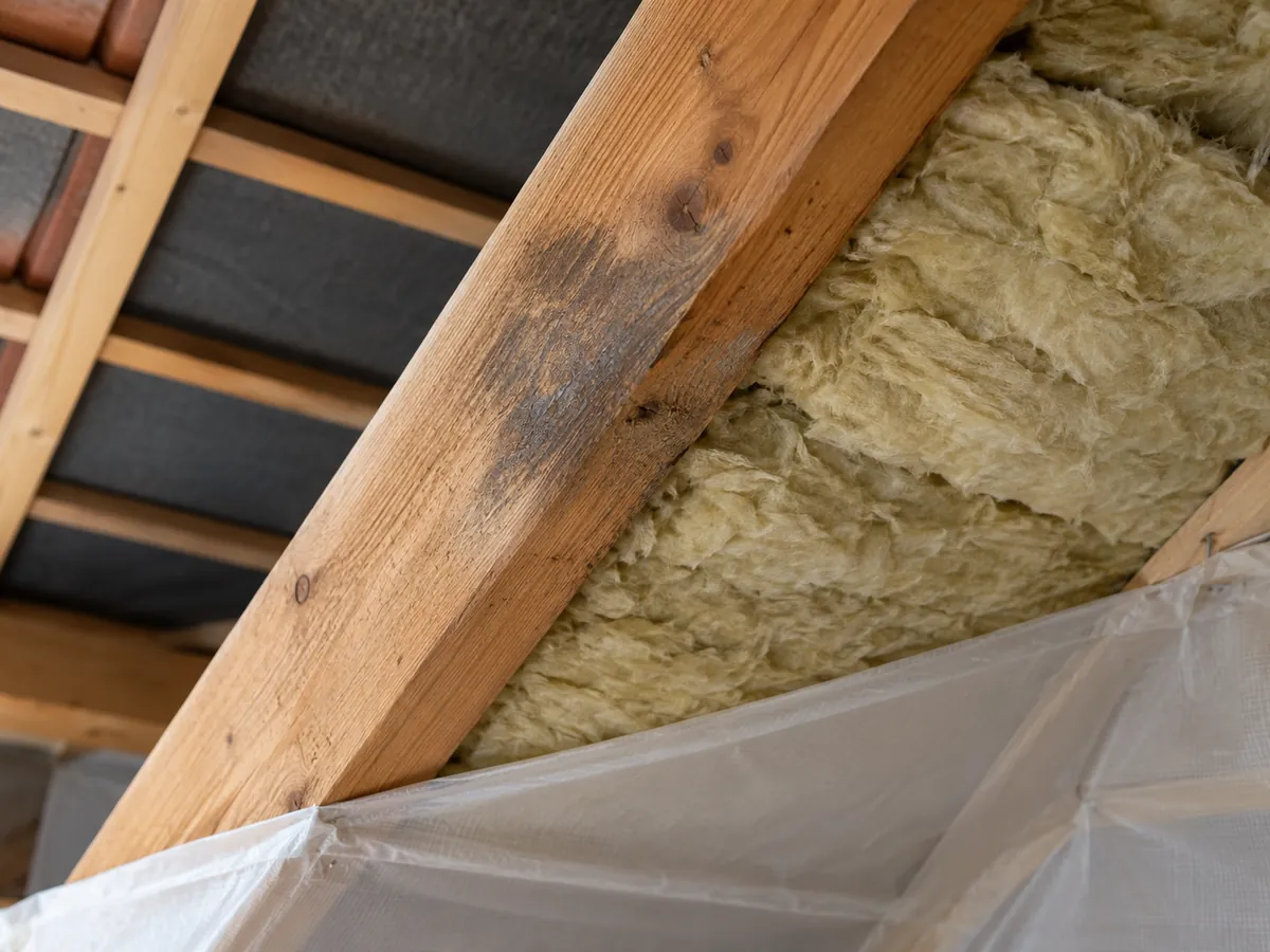 Holz mit leichter Verfärbung im Dachboden neben der Dämmung