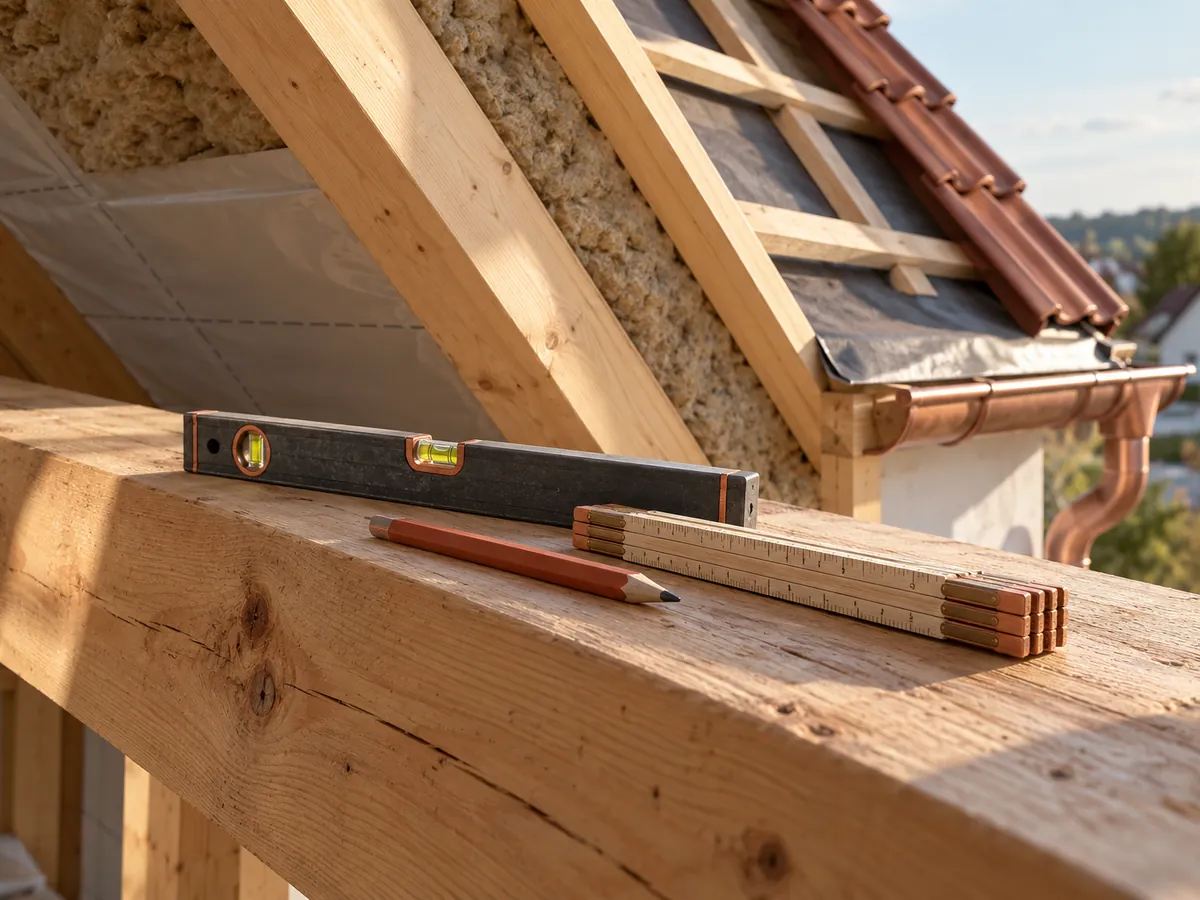 Wasserwaage, Bleistift und Zollstock auf einem Dachbalken
