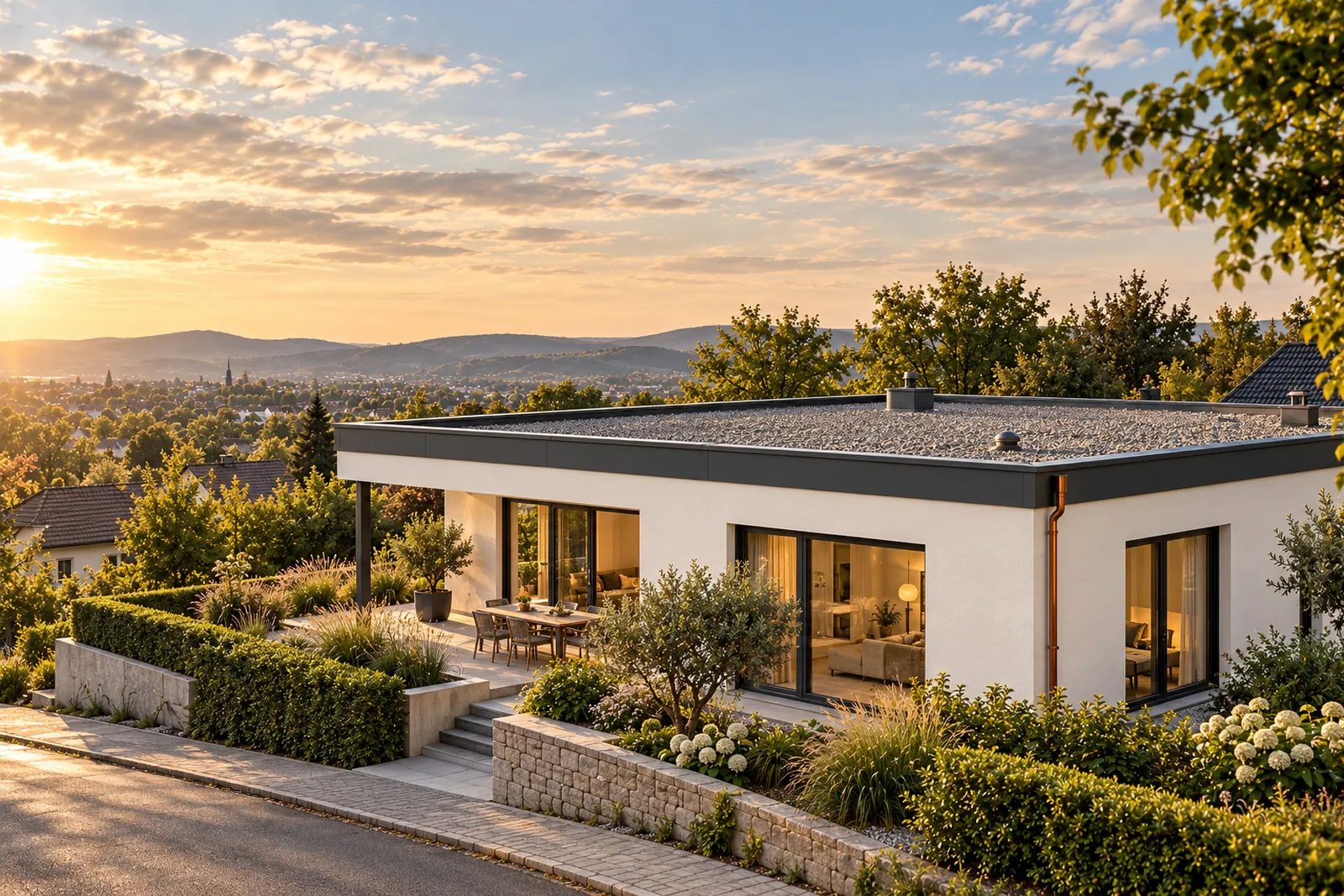 Haus mit Flachdach, Attika und Kiesschicht