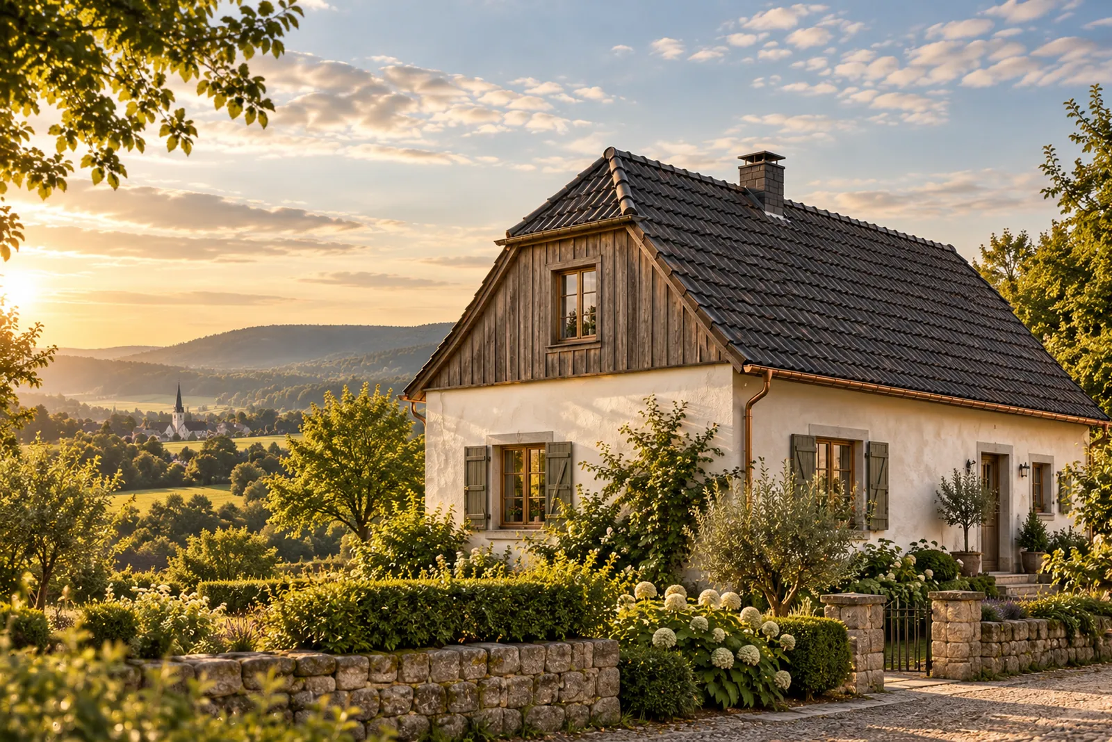 Landhaus mit Krüppelwalmdach und kleinem Giebelrest