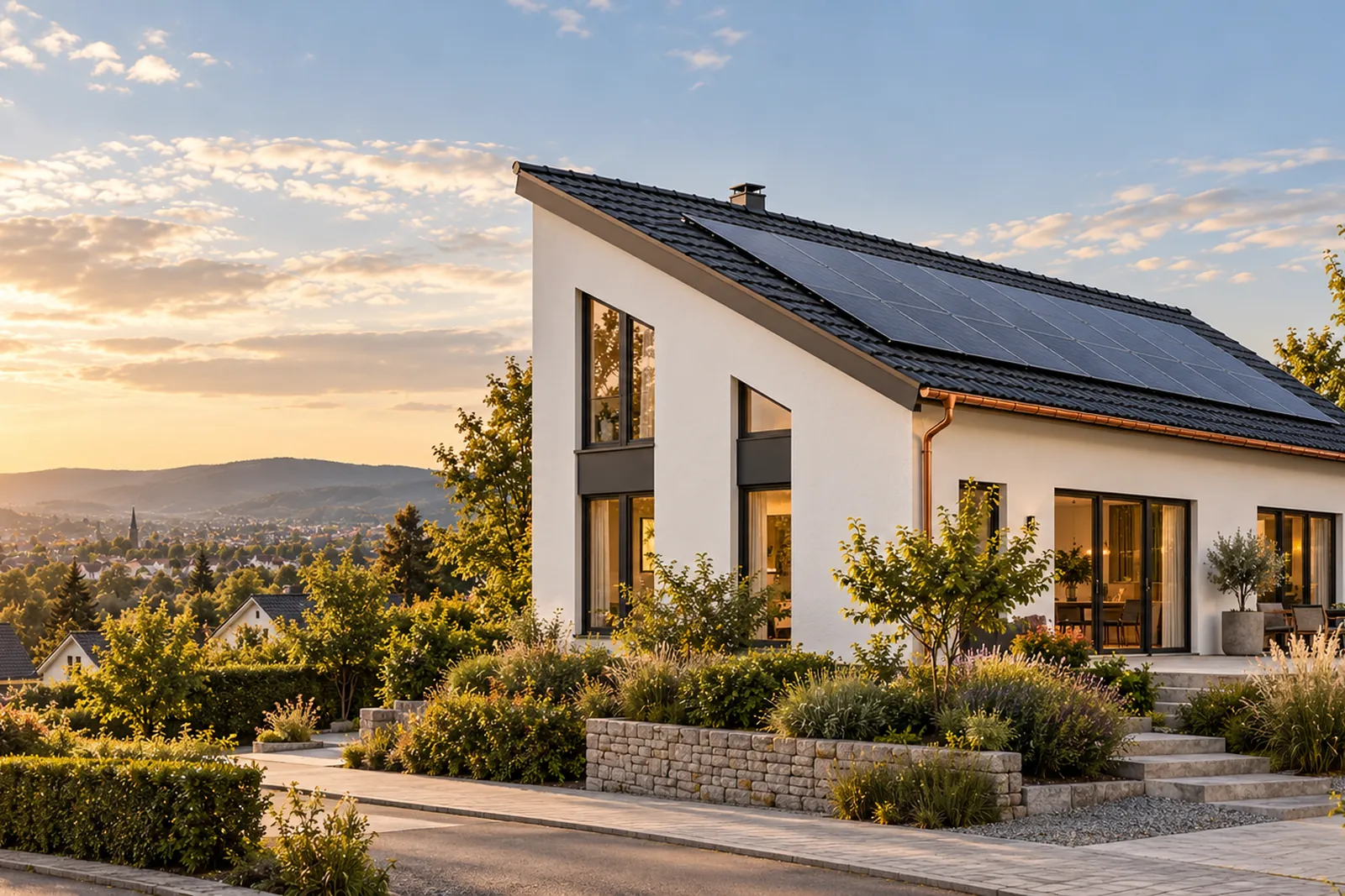 Modernes Haus mit Pultdach und Solarmodulen