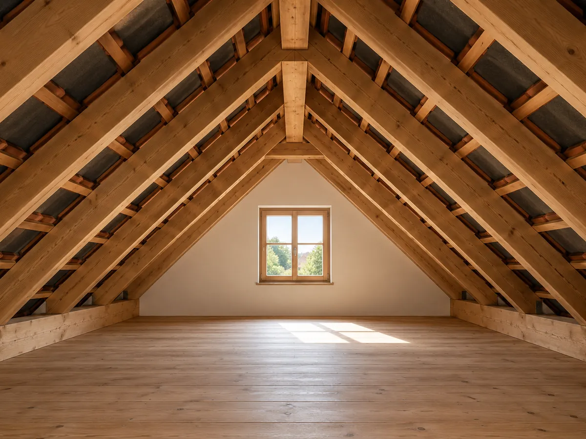 Spitzboden eines Satteldachs mit Giebelfenster