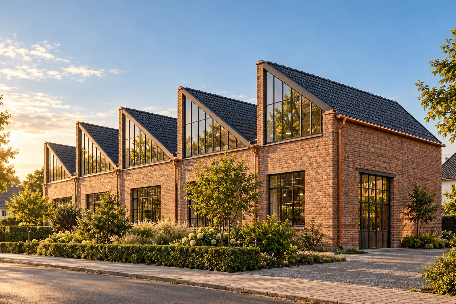 Backsteinhalle mit Sheddach und Verglasung
