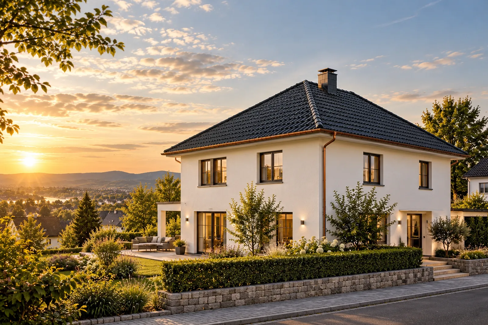 Haus mit Walmdach und umlaufender Traufe