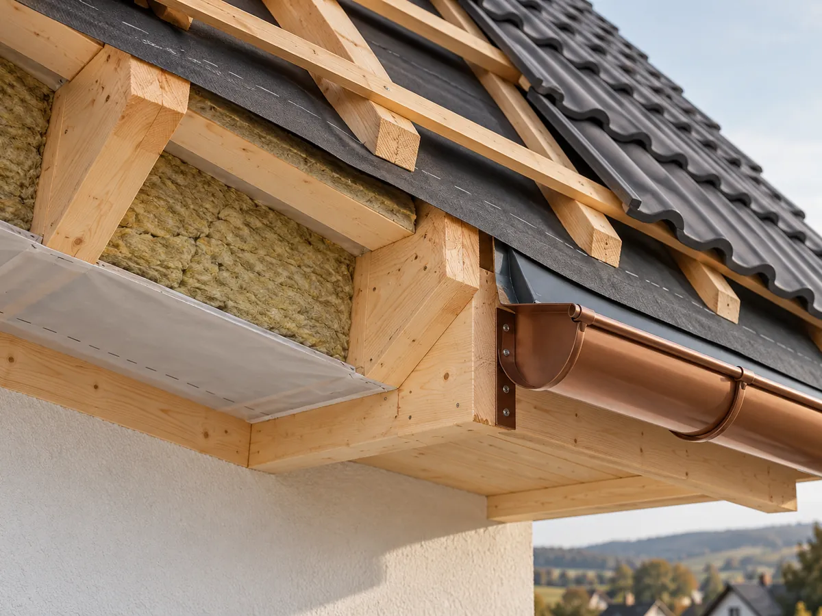 Detailaufnahme der Traufe eines Daches mit erhöhtem Dachaufbau, sichtbarer Dämmschicht und Konterlattung ohne erkennbare Personen