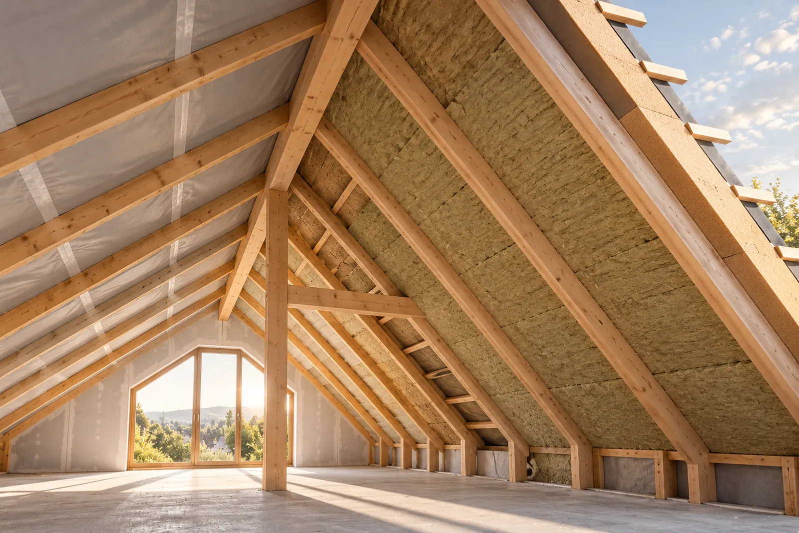 Dachstuhl eines deutschen Wohnhauses im Rohbau mit sichtbaren Sparren und verlegten Dämmplatten bei ruhigem Tageslicht