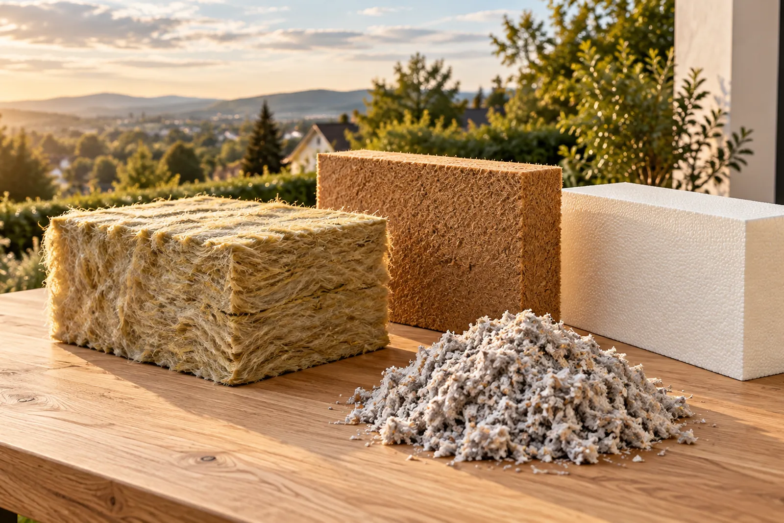 Verschiedene Dämmstoffproben nebeneinander auf einem hellen Holztisch: Mineralwolle, Holzfaserplatte, Hartschaumplatte und Zelluloseflocken