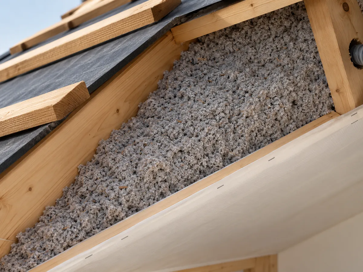 Dämmstoffflocken in einem geöffneten Gefach einer Holzbalkendecke mit Schlauchöffnung ohne erkennbare Personen