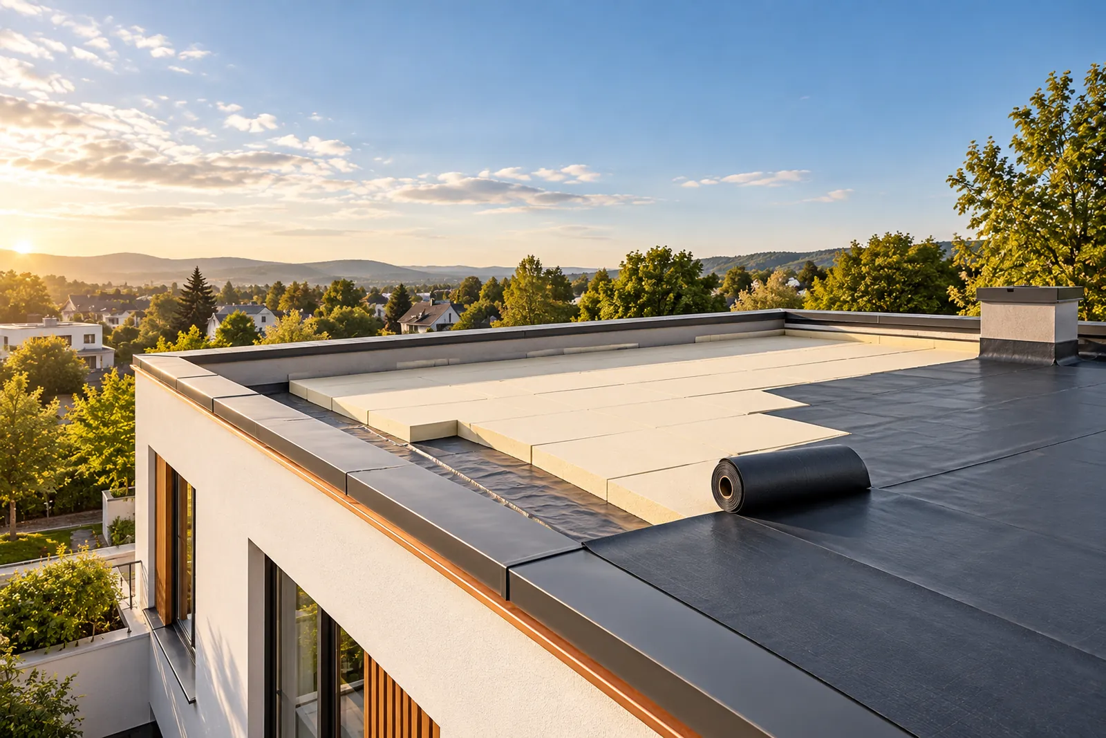 Flachdach eines Wohnhauses bei der Sanierung mit verlegten Dämmplatten und frischer Dachabdichtung bei klarem Himmel