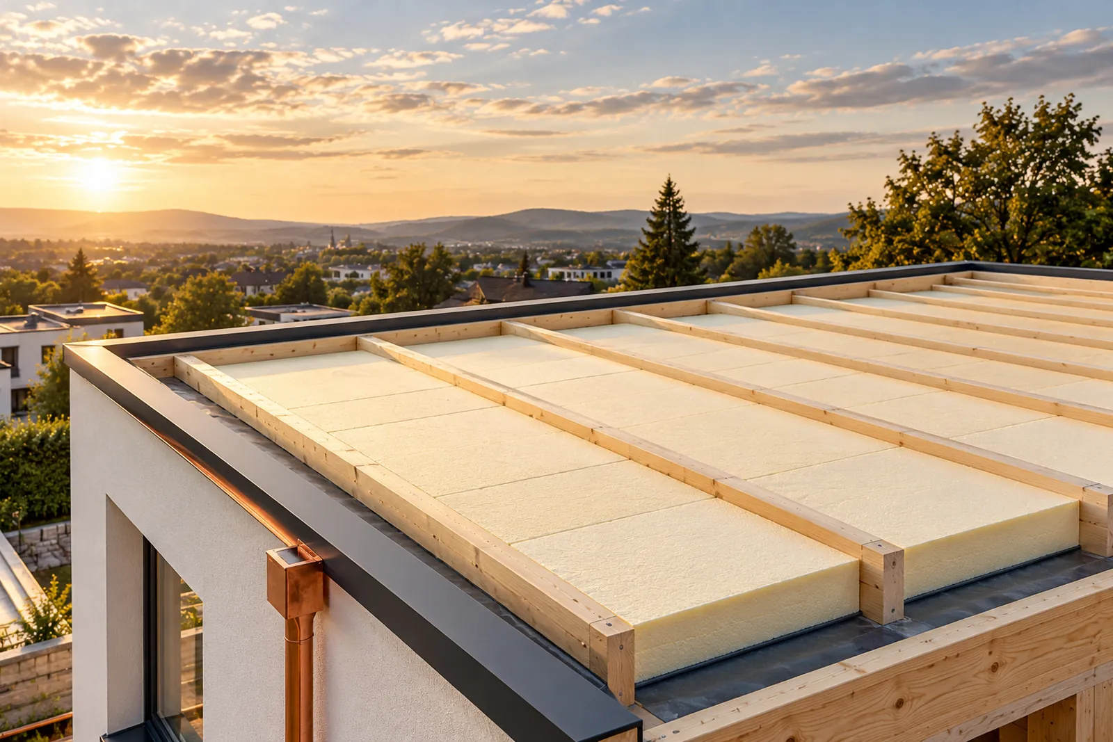 Weiße und gelbliche Hartschaum-Dämmplatten auf einem Flachdach eines Wohnhauses, ordentlich verlegt bei Tageslicht
