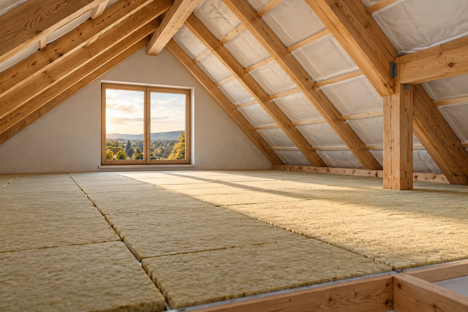 Unbeheizter Dachboden eines Einfamilienhauses mit frisch verlegten Dämmplatten auf der Decke und sichtbarem Dachstuhl bei Tageslicht