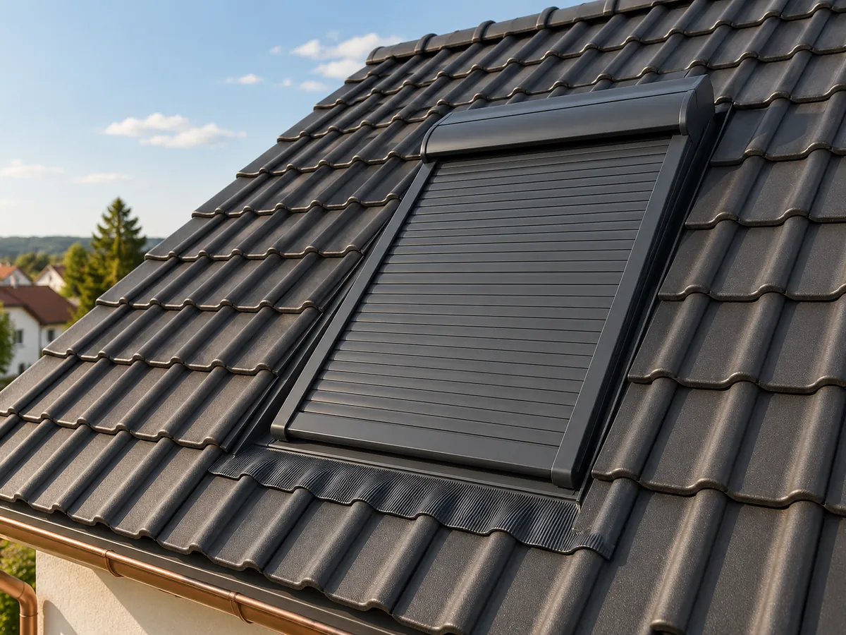 Dachfenster in einer Dachschräge mit geschlossenem außenliegendem Rollladen und Hitzeschutz an einem sonnigen Haus ohne erkennbare Personen