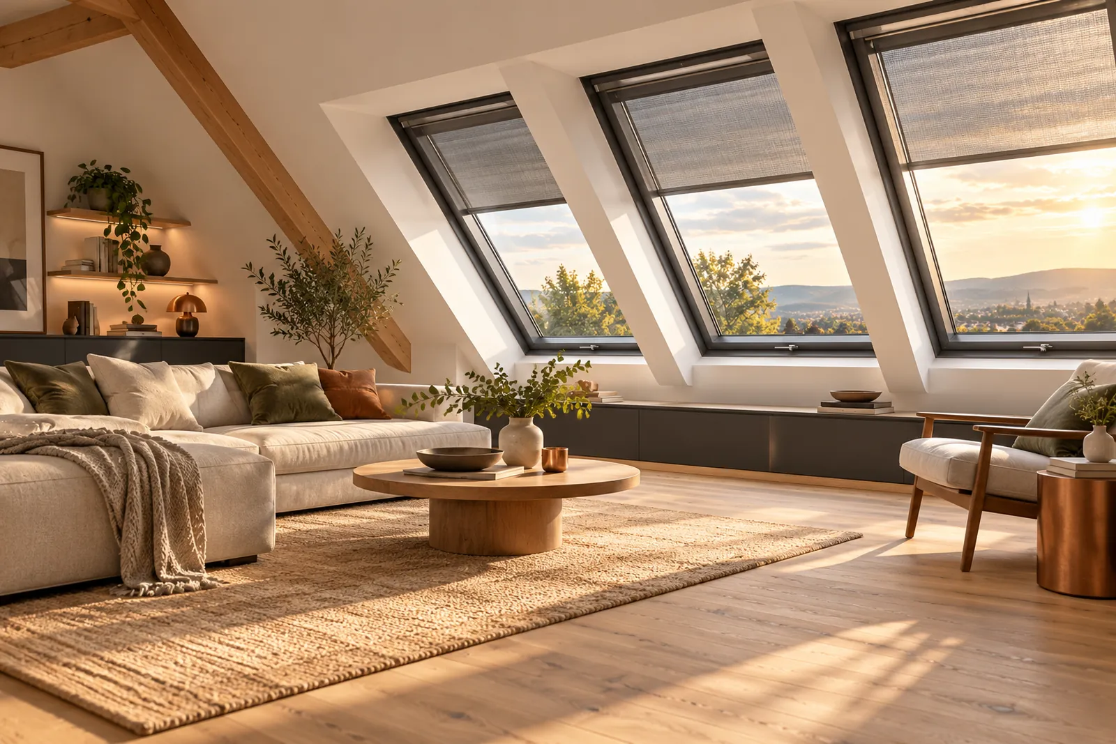 Dachgeschossraum eines Einfamilienhauses mit Dachfenstern und außenliegender Verschattung in hellem Sommerlicht