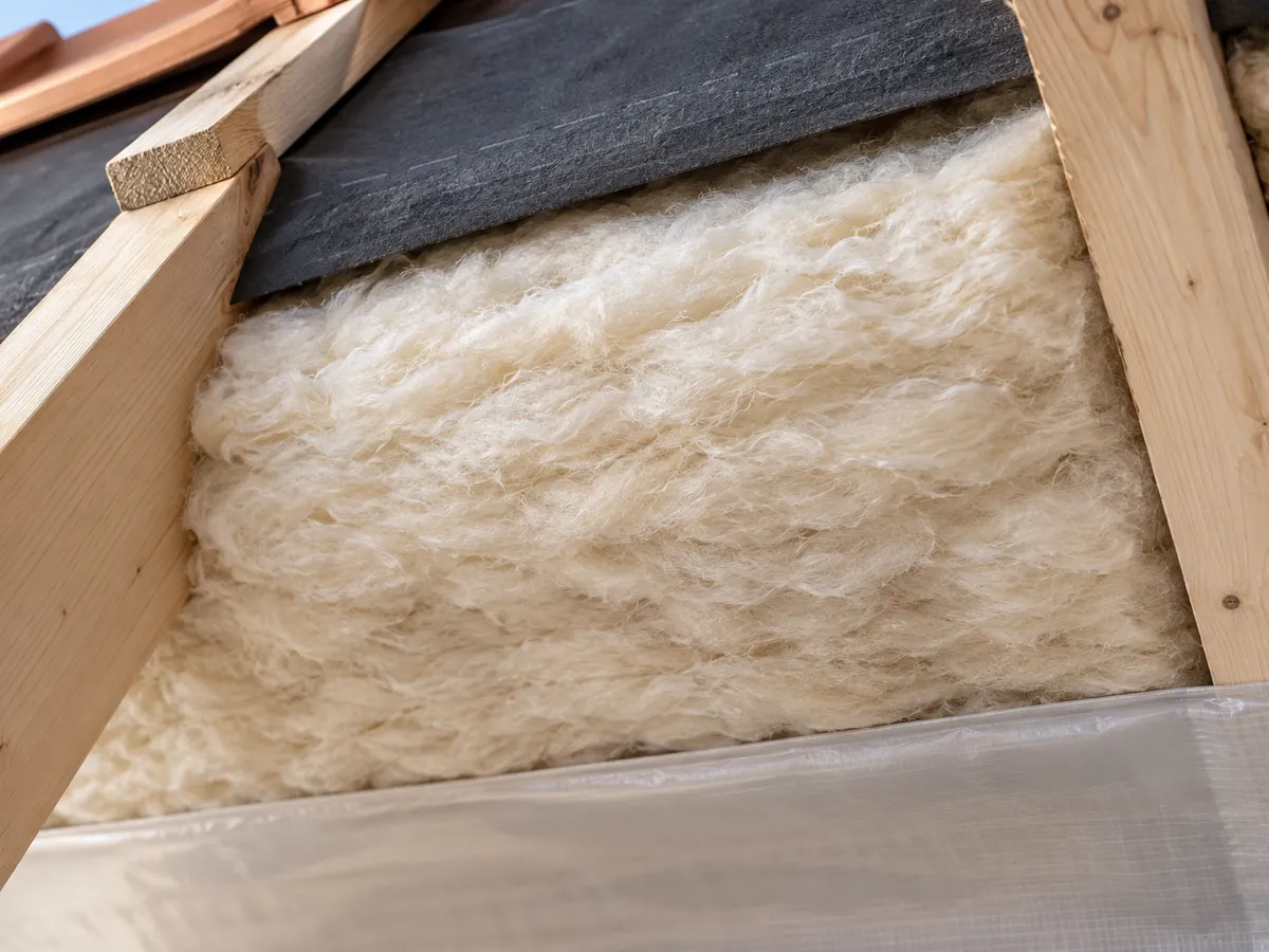 Nahaufnahme eines Gefachs mit eingepasster Mineralwollmatte zwischen zwei Holzsparren, darüber Unterdeckung, ohne erkennbare Personen