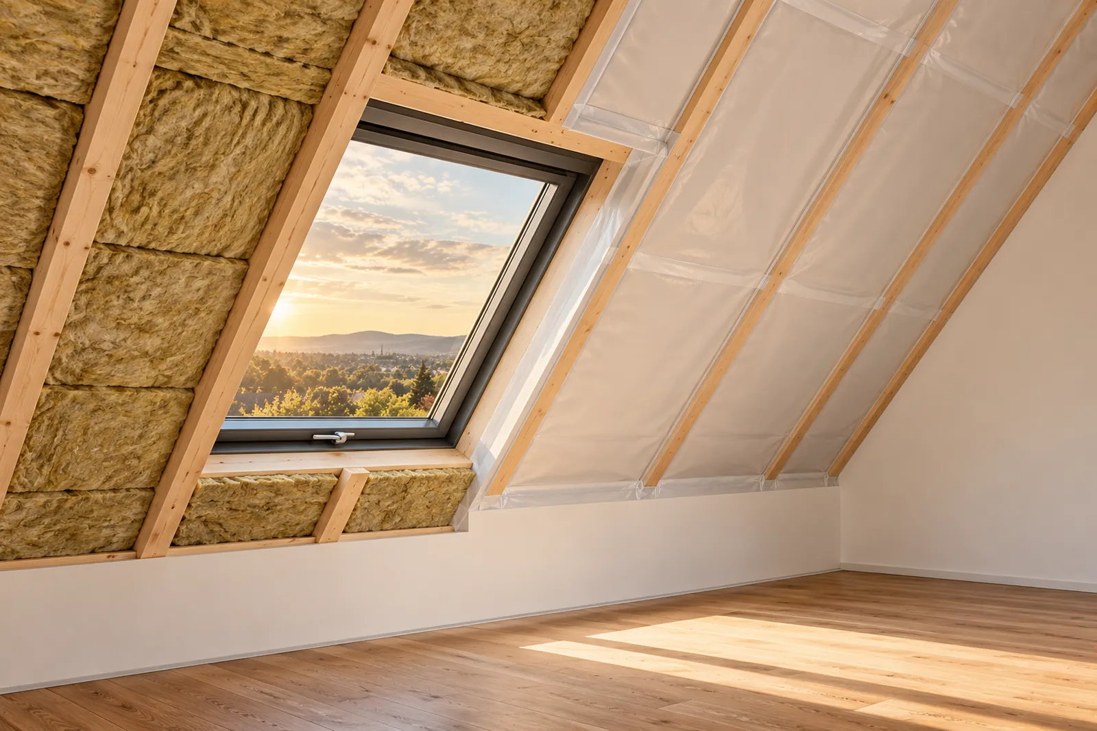 Dachschräge eines Dachgeschosses mit zwischen die Holzsparren eingepassten Dämmmatten bei ruhigem Tageslicht