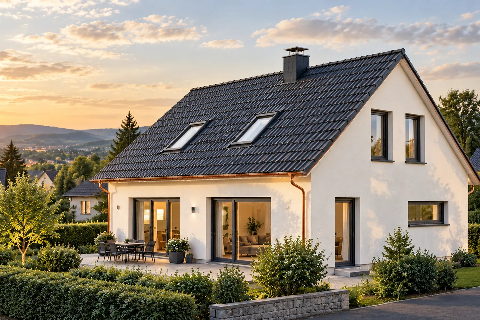 Wärmebildaufnahme eines Hauses mit Wärmeverlusten im Dachbereich