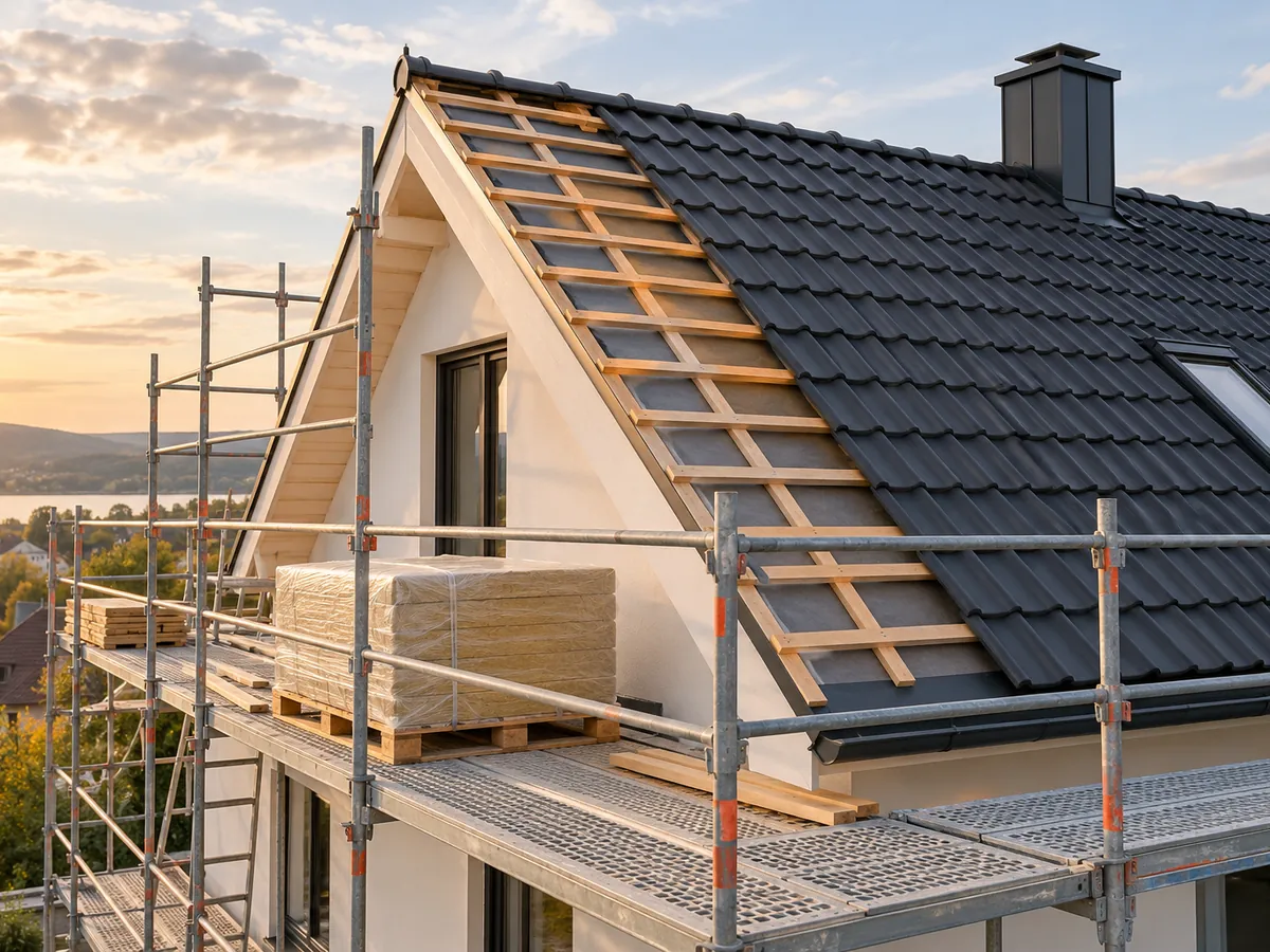 Dachbaustelle mit Gerüst und Materialpalette