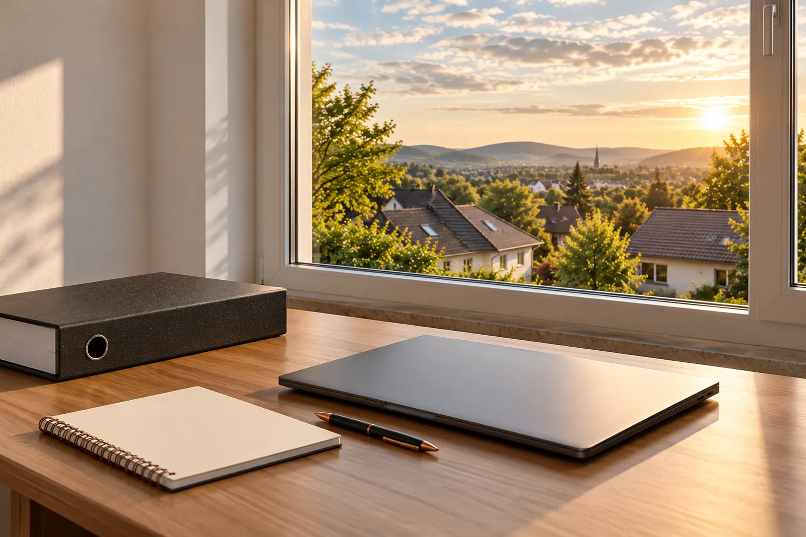 Schreibtisch mit Ordner und Laptop vor einem Fenster mit Blick auf Dächer