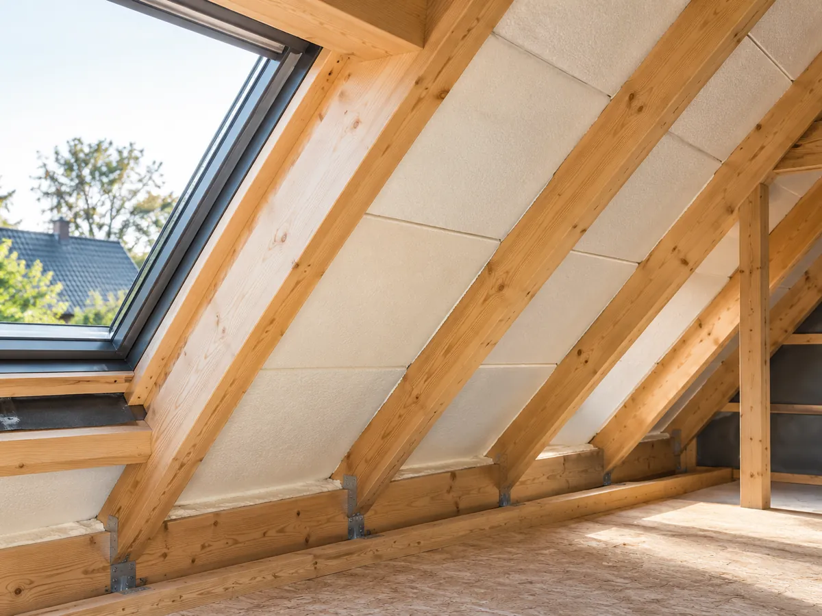 Nahaufnahme von Holzsparren mit eingebauten Dämmplatten bei geöffnetem Dach