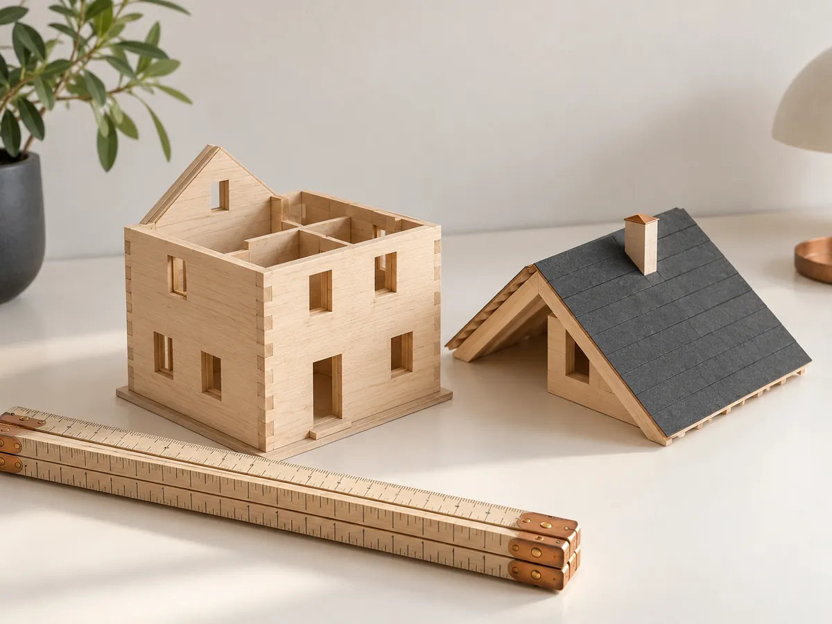 Holzmodell eines Hauses mit abnehmbarem Dach als Sinnbild für einen Sanierungsfahrplan