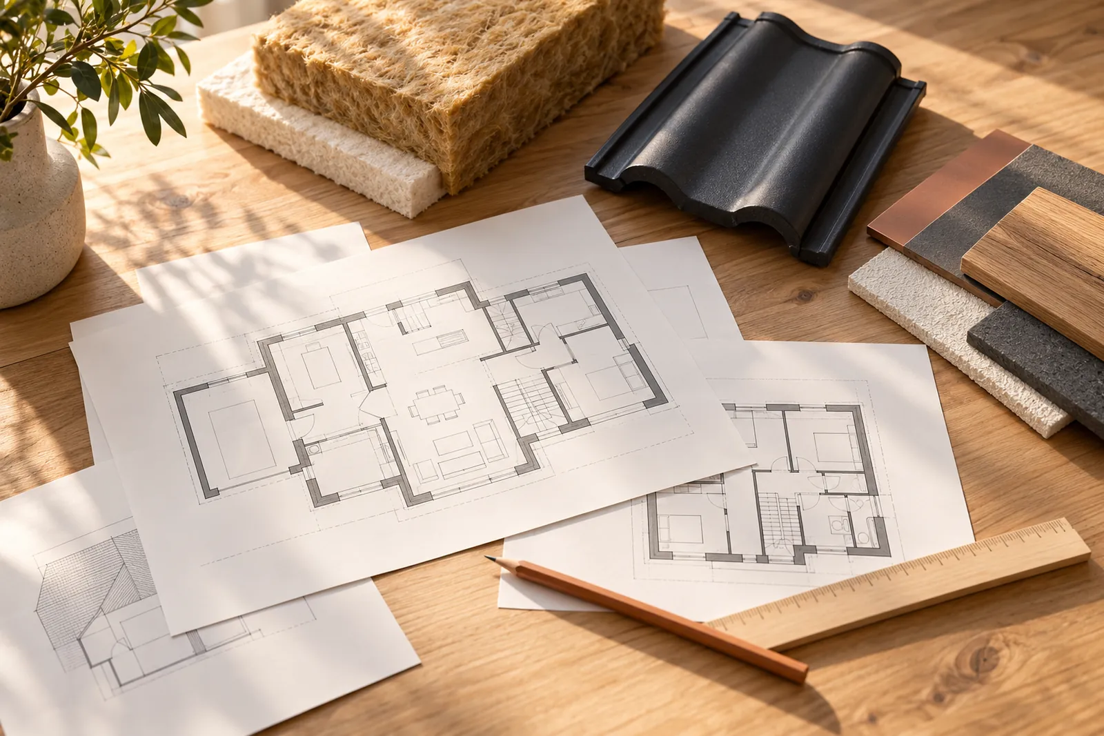 Tisch mit Bauplänen und Materialmustern für eine geplante Sanierung