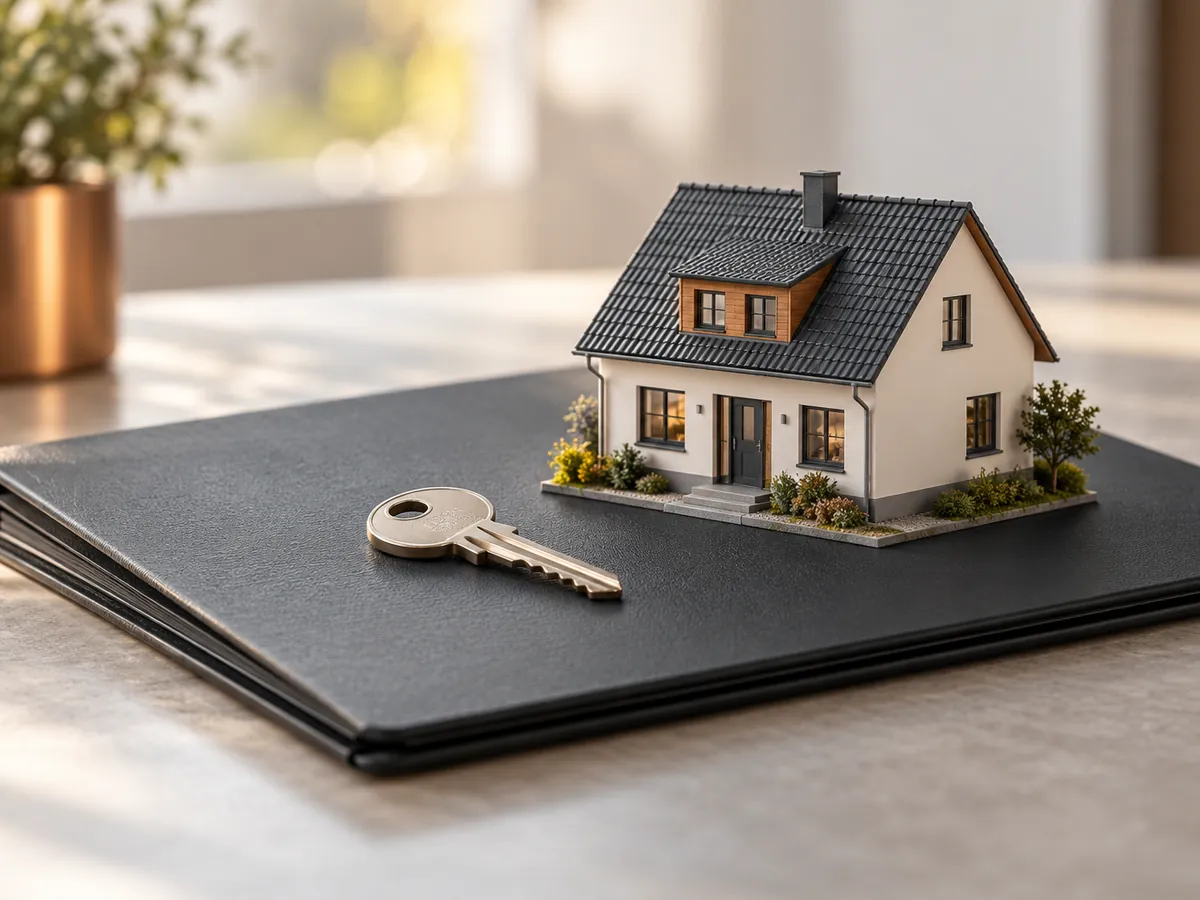 Schlüssel und Modellhaus auf einer Mappe als Sinnbild für eine Hausfinanzierung