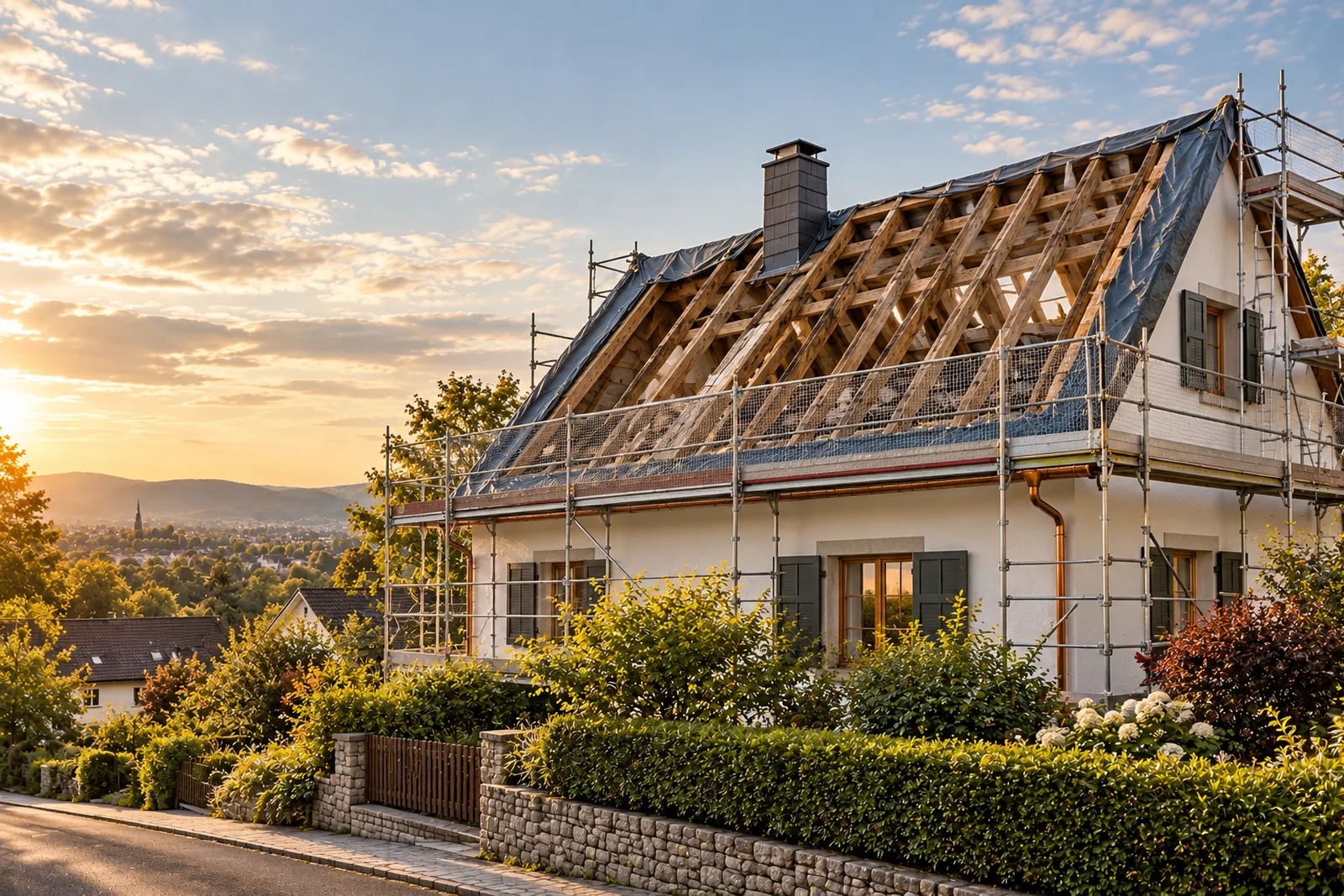 Wohnhaus mit offenem Dachstuhl während der Dachsanierung