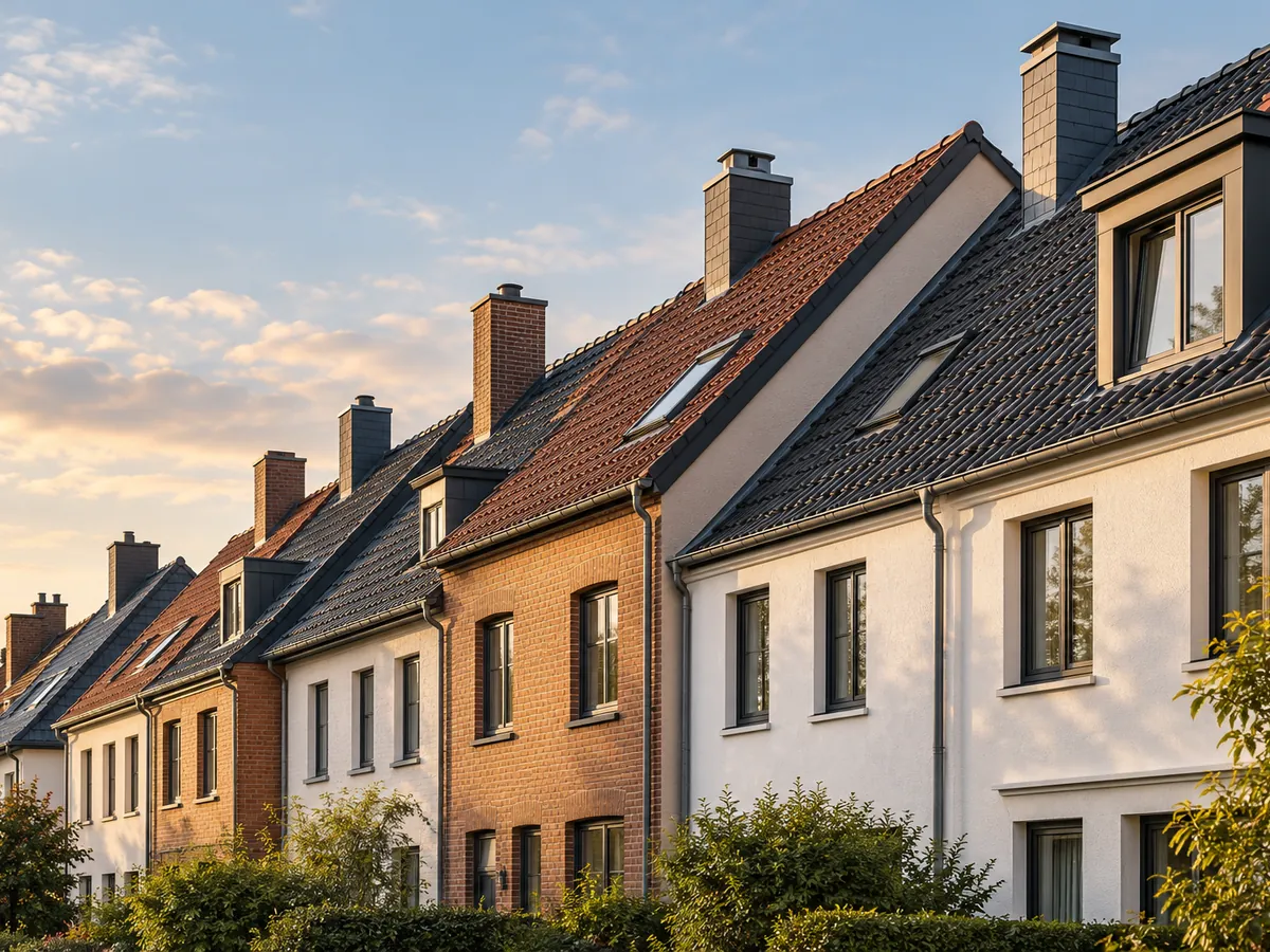 Reihenhauszeile mit Ziegeldächern und Schornsteinen