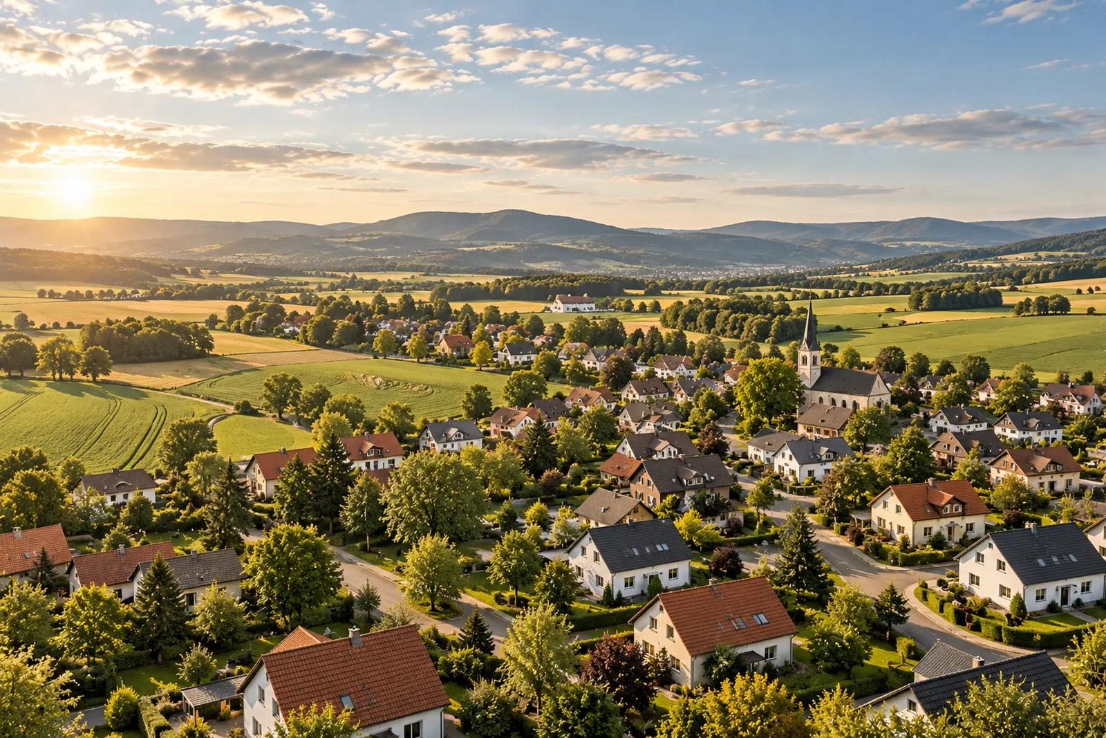 Wohnsiedlung mit Ziegeldächern in ländlicher deutscher Landschaft von oben