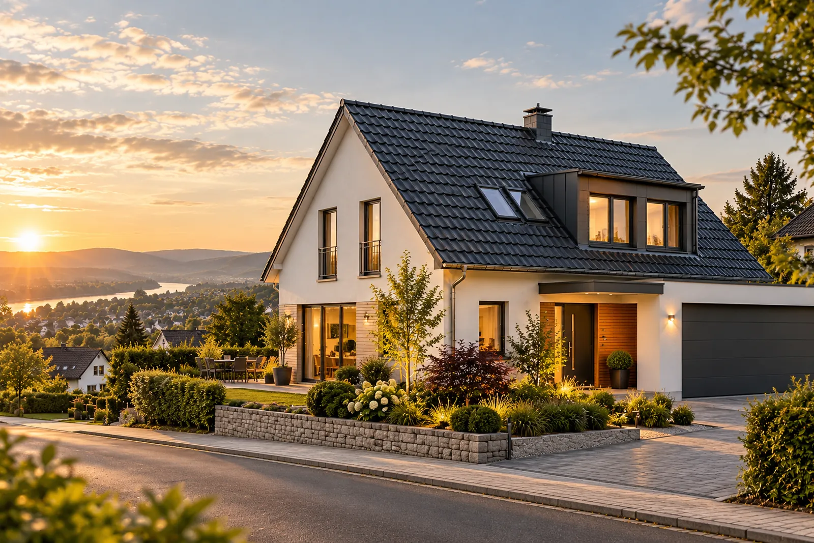 Einfamilienhaus mit neu saniertem Dach im Abendlicht