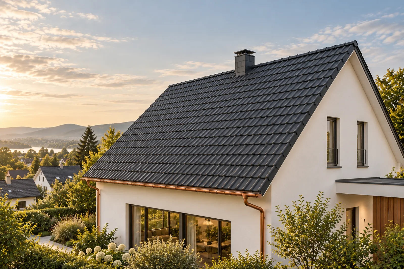 Dachfläche aus anthrazitfarbenen Betondachsteinen