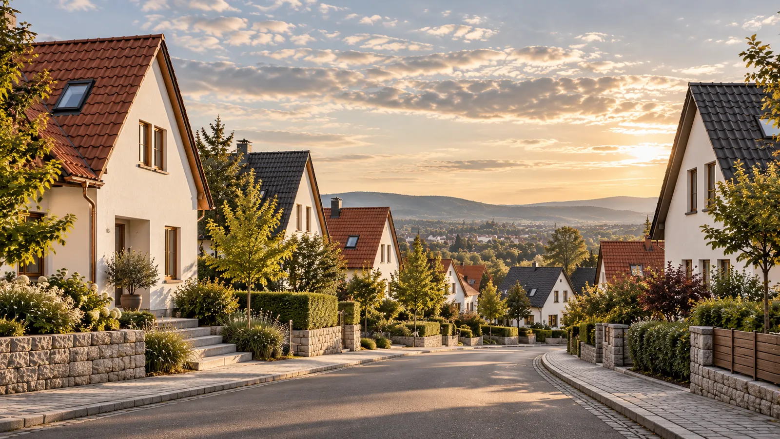 Wohnstraße mit Satteldächern in Rotbraun und Anthrazit