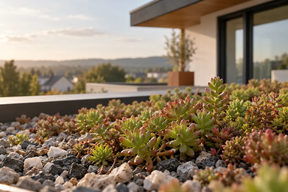 Sedum-Pflanzen auf mineralischem Substrat in der Nahaufnahme