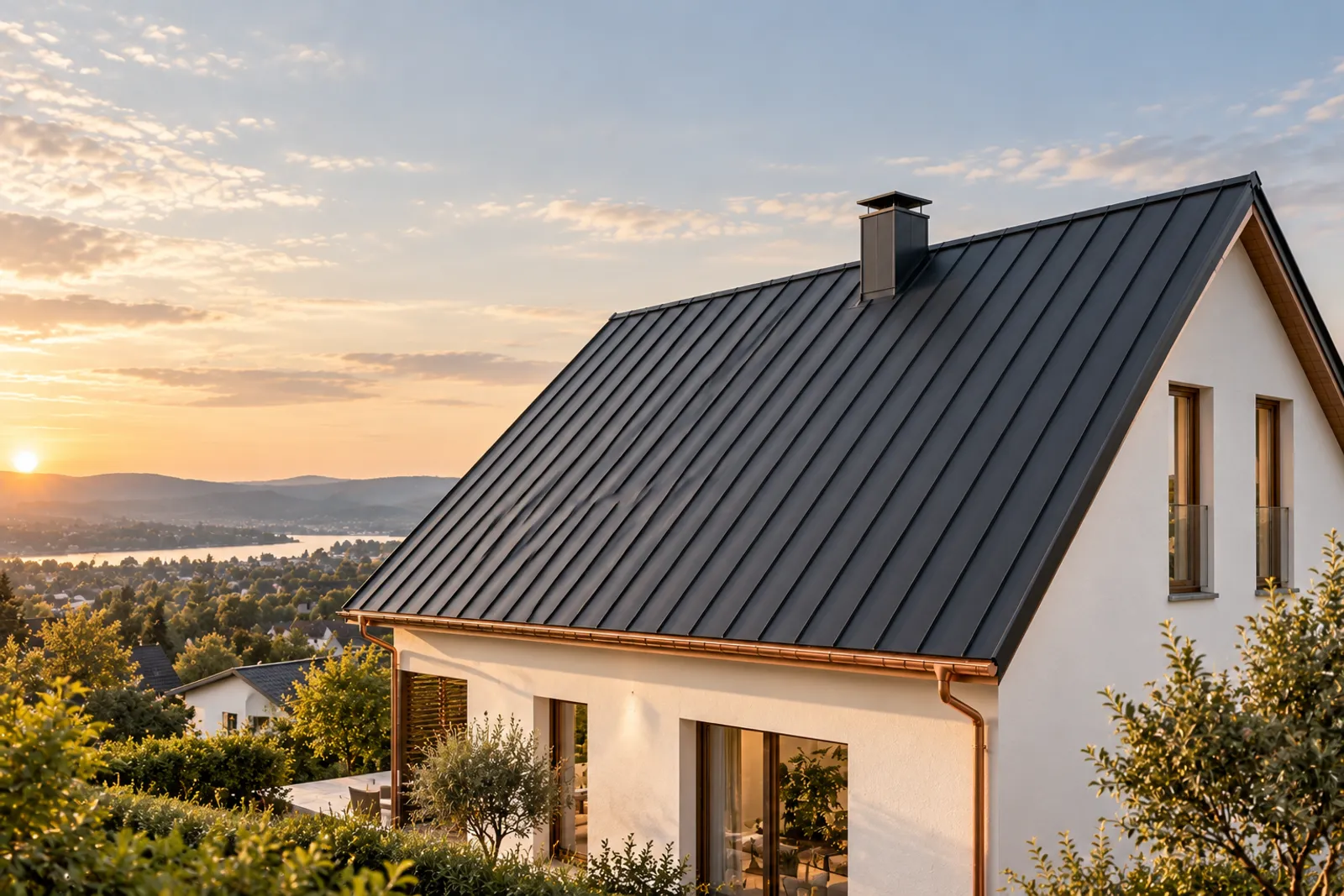 Stehfalzdach aus dunkelgrauem Metall auf einem modernen Wohnhaus