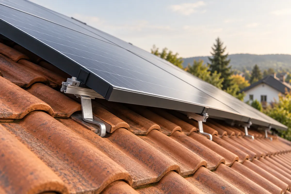 Aufdach-Solarmodule auf Haltern über Dachziegeln