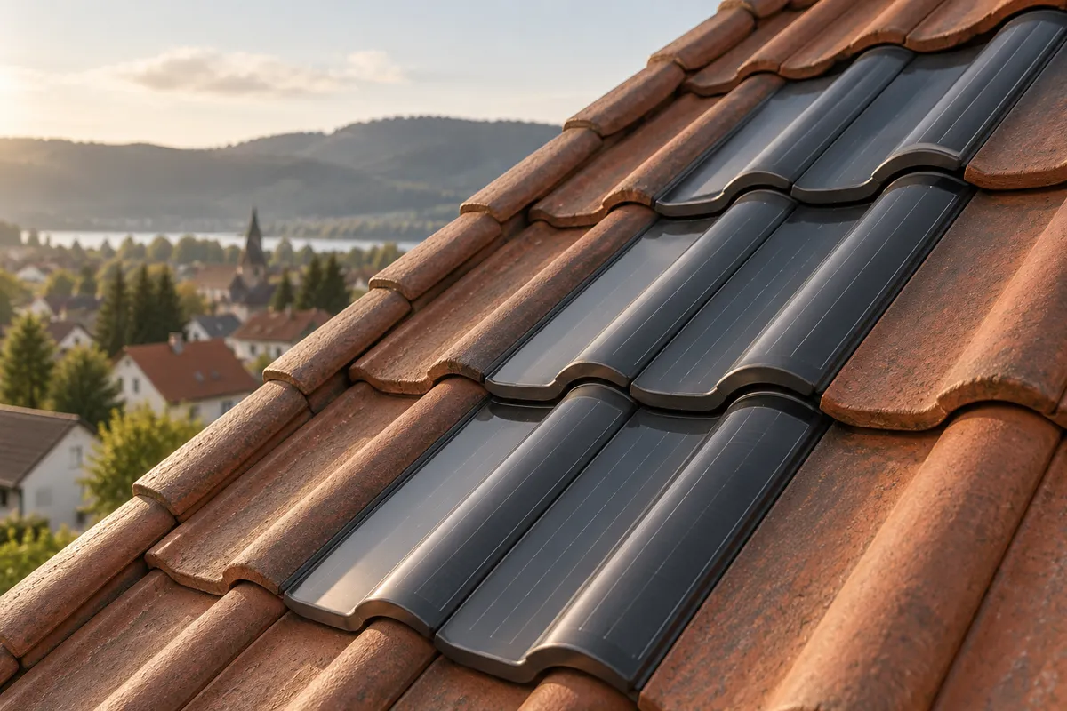 Solardachziegel zwischen herkömmlichen Tonziegeln