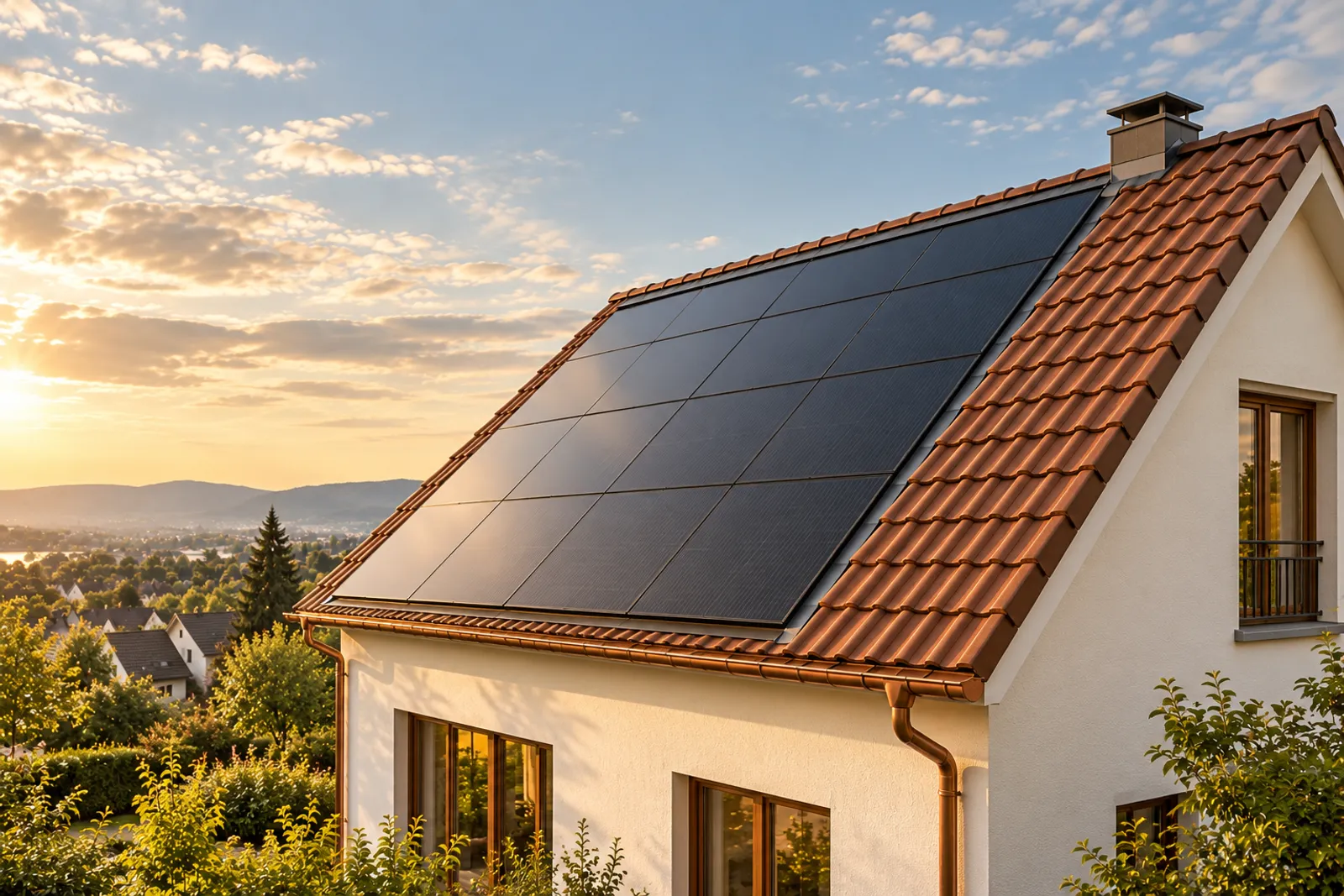 Satteldach mit flächenbündig eingebauten Solarmodulen neben Dachziegeln