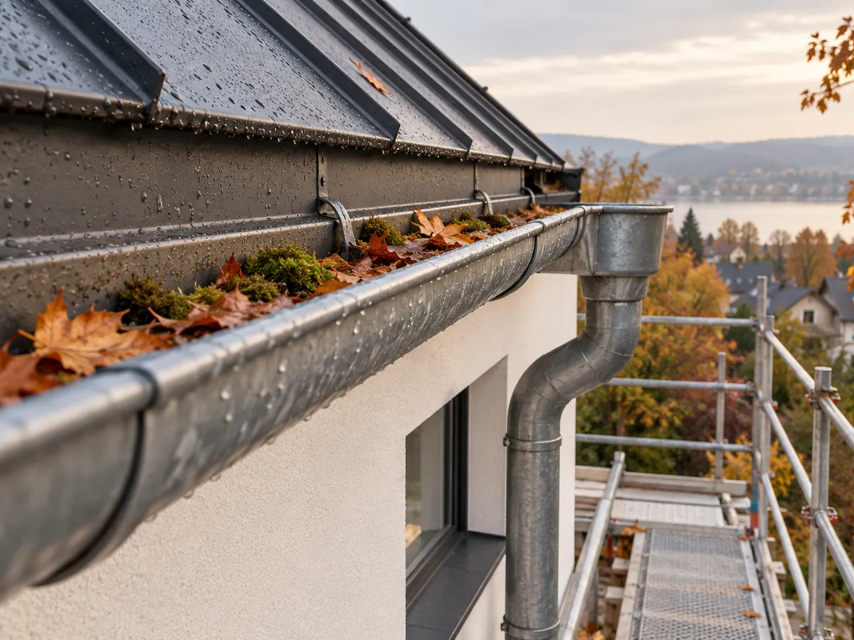 Dachrinne aus Zink mit Laub und Moos, Blick entlang der Rinne zum Fallrohr