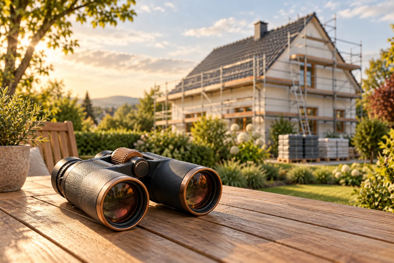 Fernglas auf einem Gartentisch, im Hintergrund unscharf ein Haus mit gepflegtem Ziegeldach