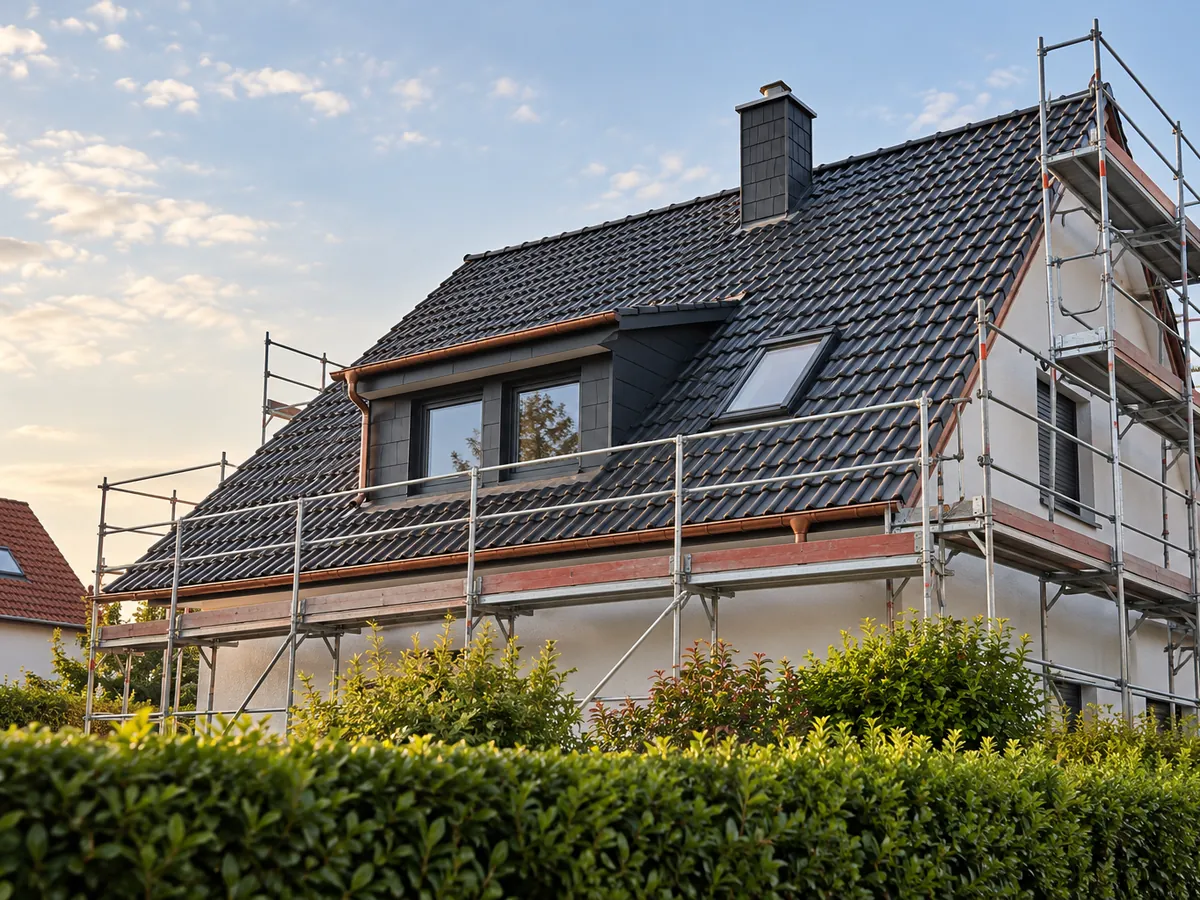Hausdach aus Gartenperspektive, wie es für eine Fotodokumentation aufgenommen würde
