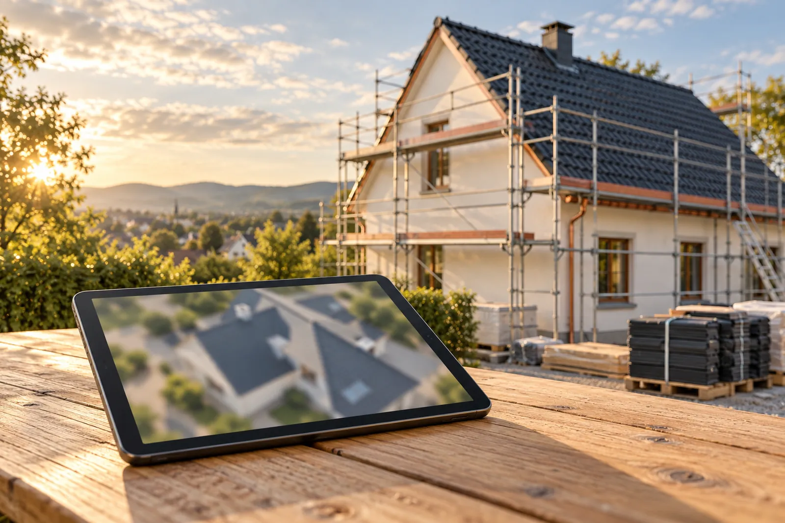 Tablet auf einem Holztisch vor einem unscharfen Einfamilienhaus mit Dach