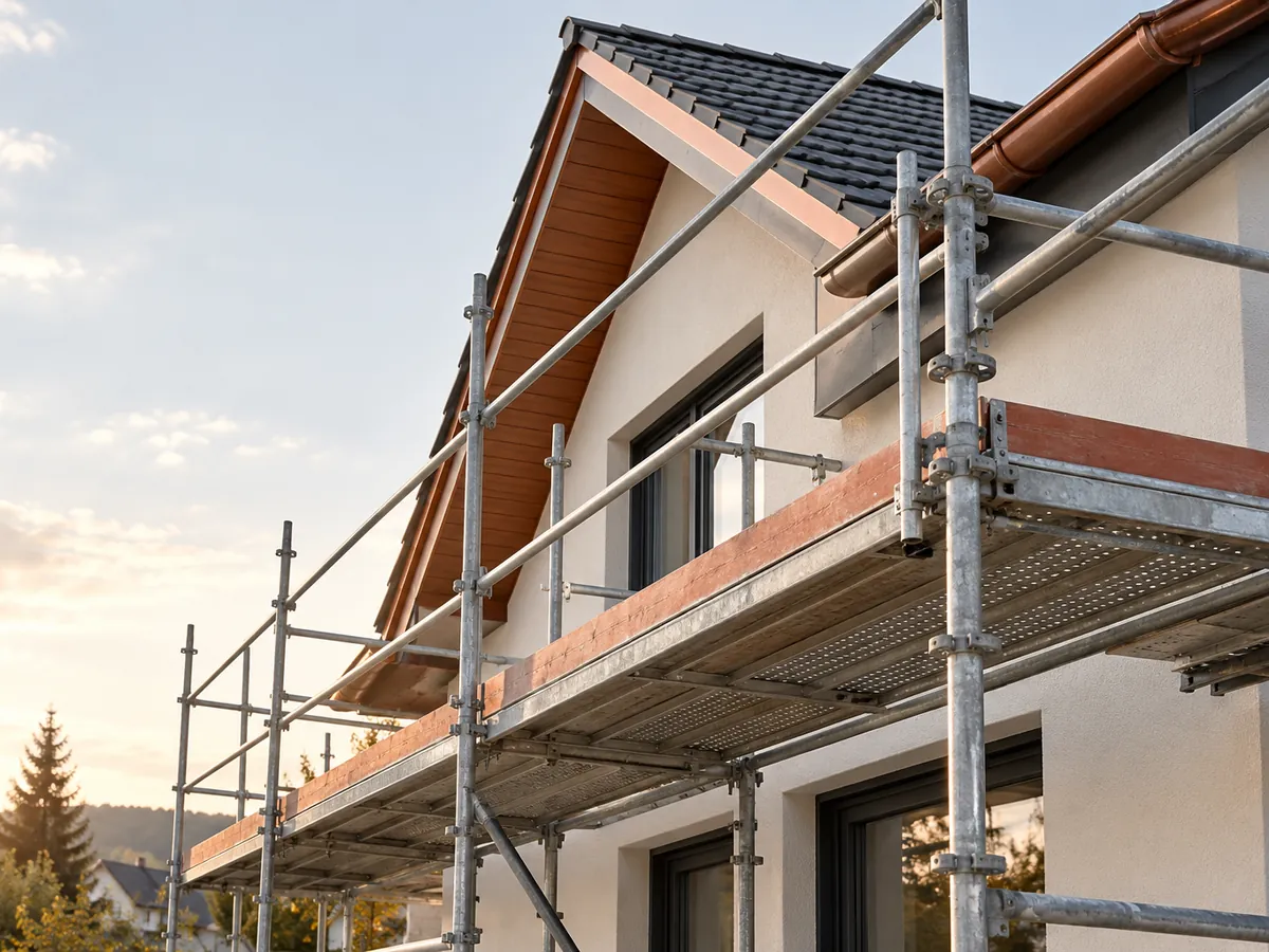 Fassadengerüst an einem Wohnhaus mit Blick schräg nach oben zur Traufe
