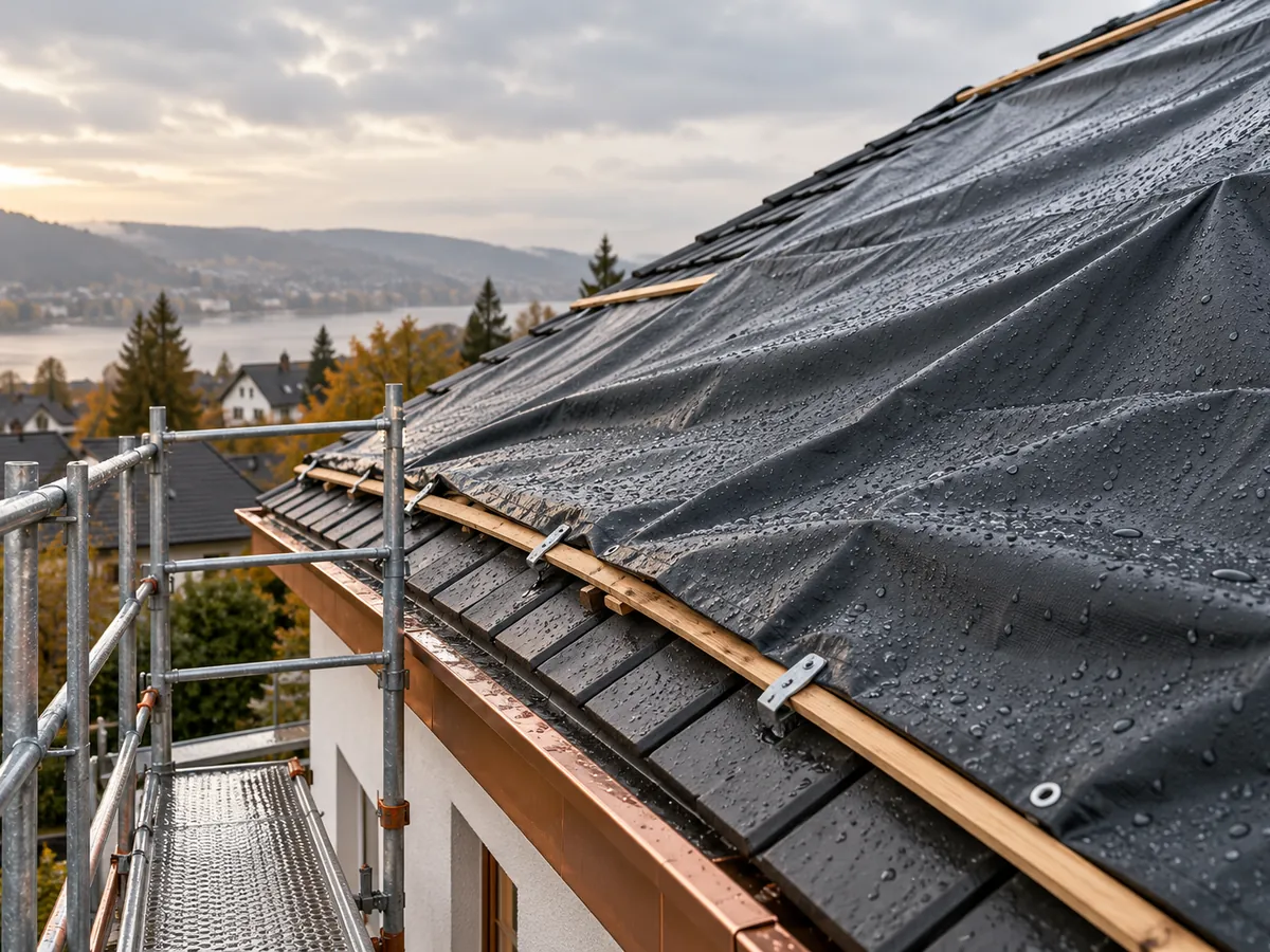 Mit Plane abgedeckte Dachfläche bei Regen, Gerüst im Anschnitt