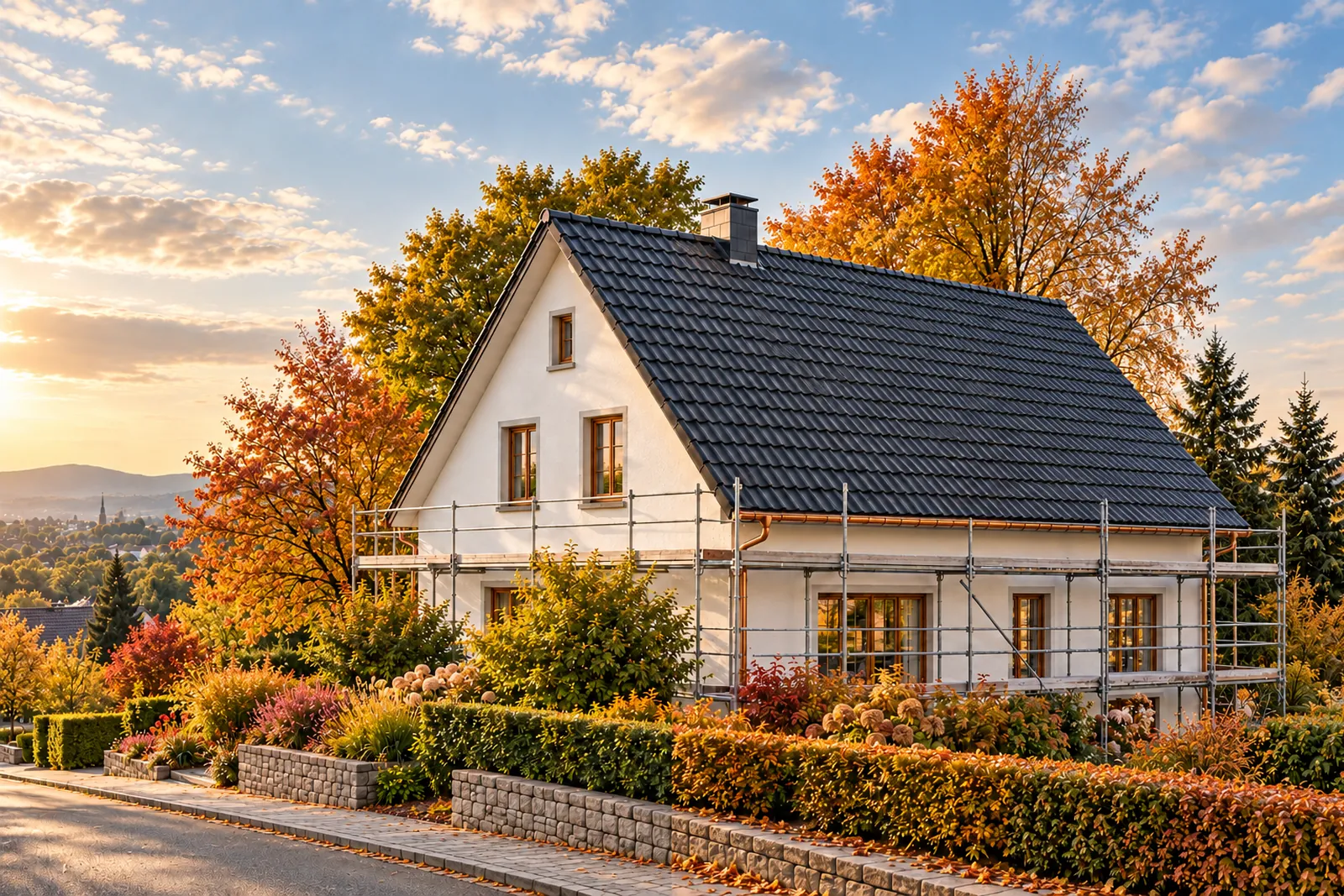 Vier senkrechte Bildstreifen desselben Hauses mit Ziegeldach in Frühling, Sommer, Herbst und Winter