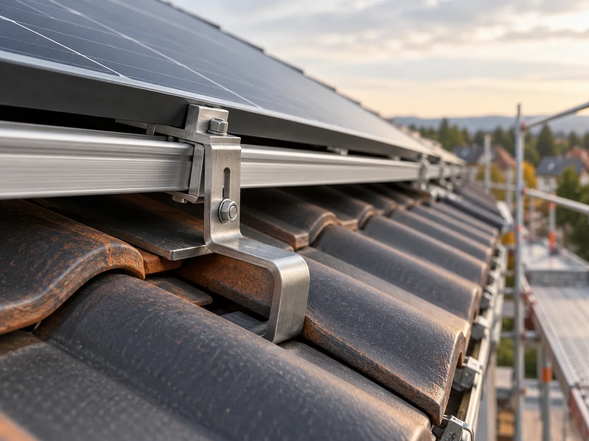Dachhaken aus Edelstahl mit Montageschiene auf einer Ziegeleindeckung, am Rand ein Photovoltaikmodul