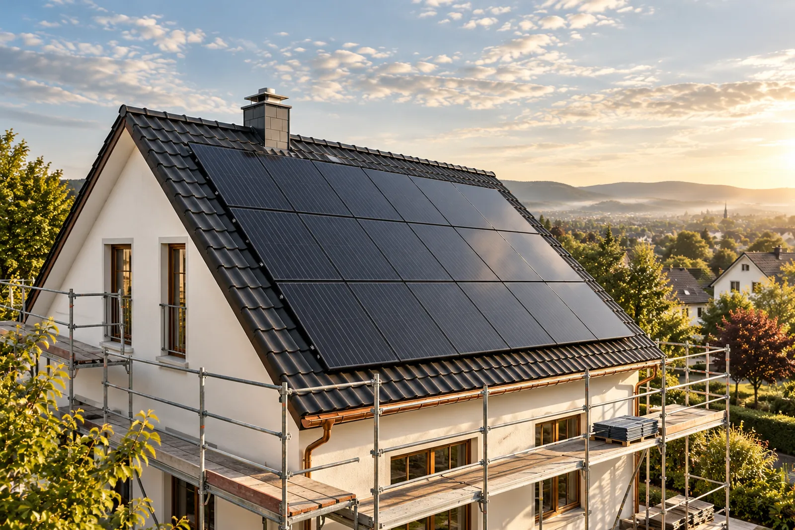 Neu gedecktes anthrazitfarbenes Satteldach mit dunklen Photovoltaikmodulen im Morgenlicht